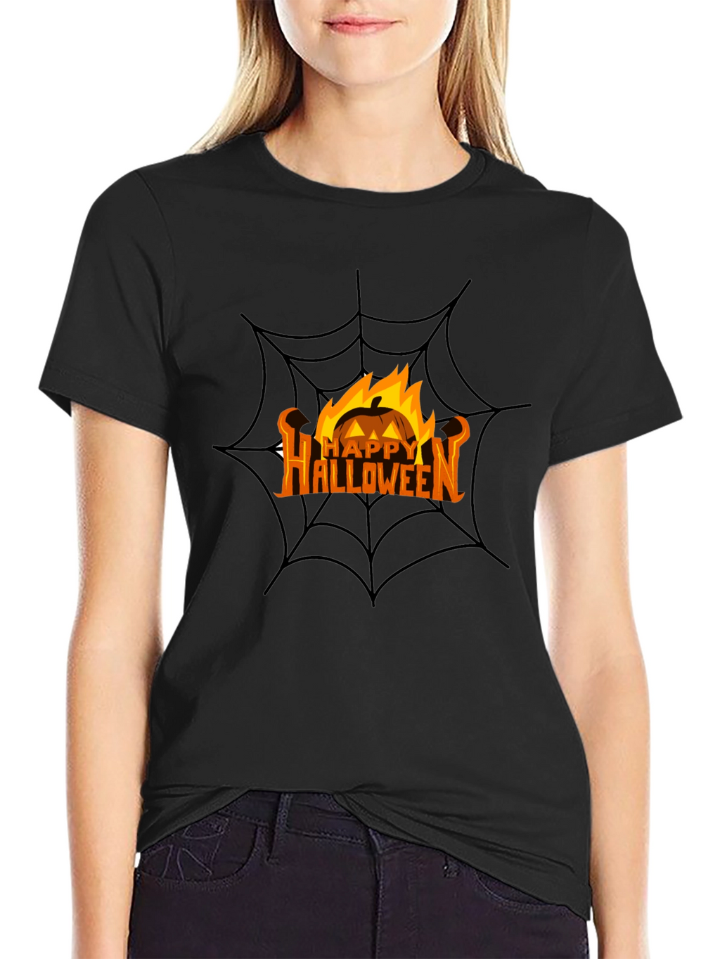 Happy Halloween Pumpkin Spiderweb Black T-Shirt