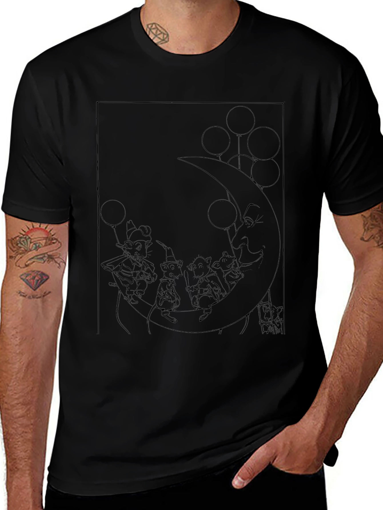 Whimsical Moon Mice Graphic Tee - Black