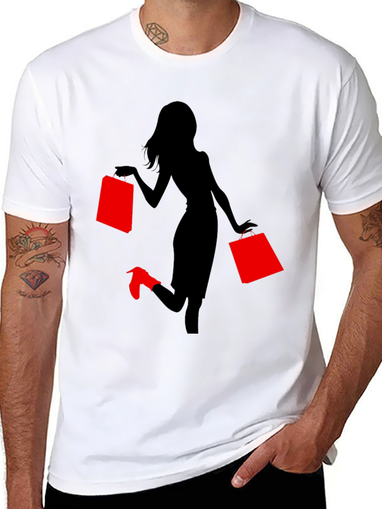 Stylish Woman Shopping Graphic Tee - Black
