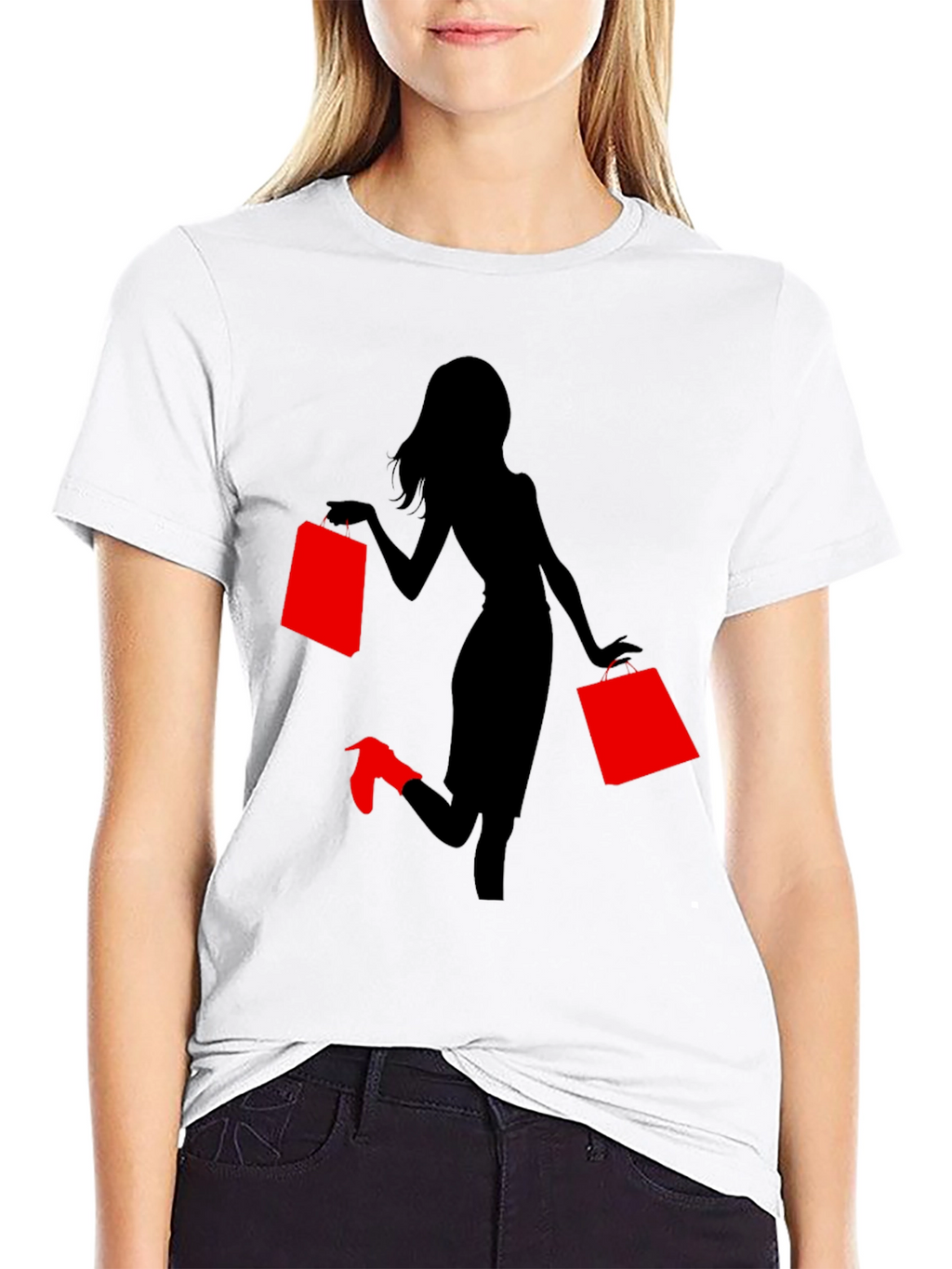 Stylish Woman Shopping Graphic Tee - Black
