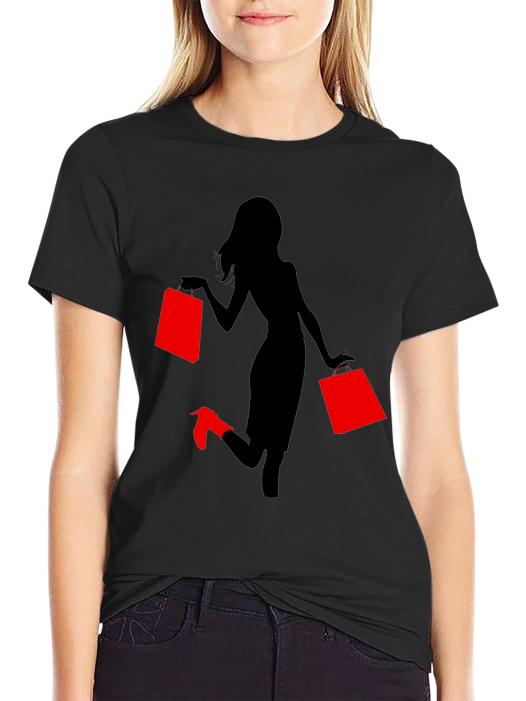 Stylish Woman Shopping Graphic Tee - Black