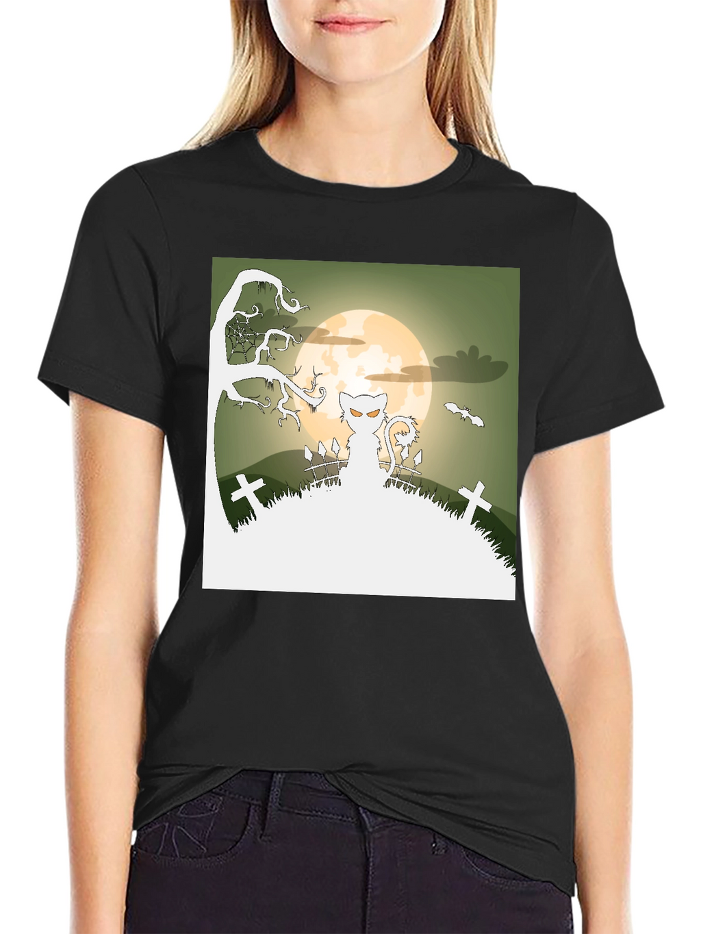 Spooky Halloween Cat T-Shirt - Black