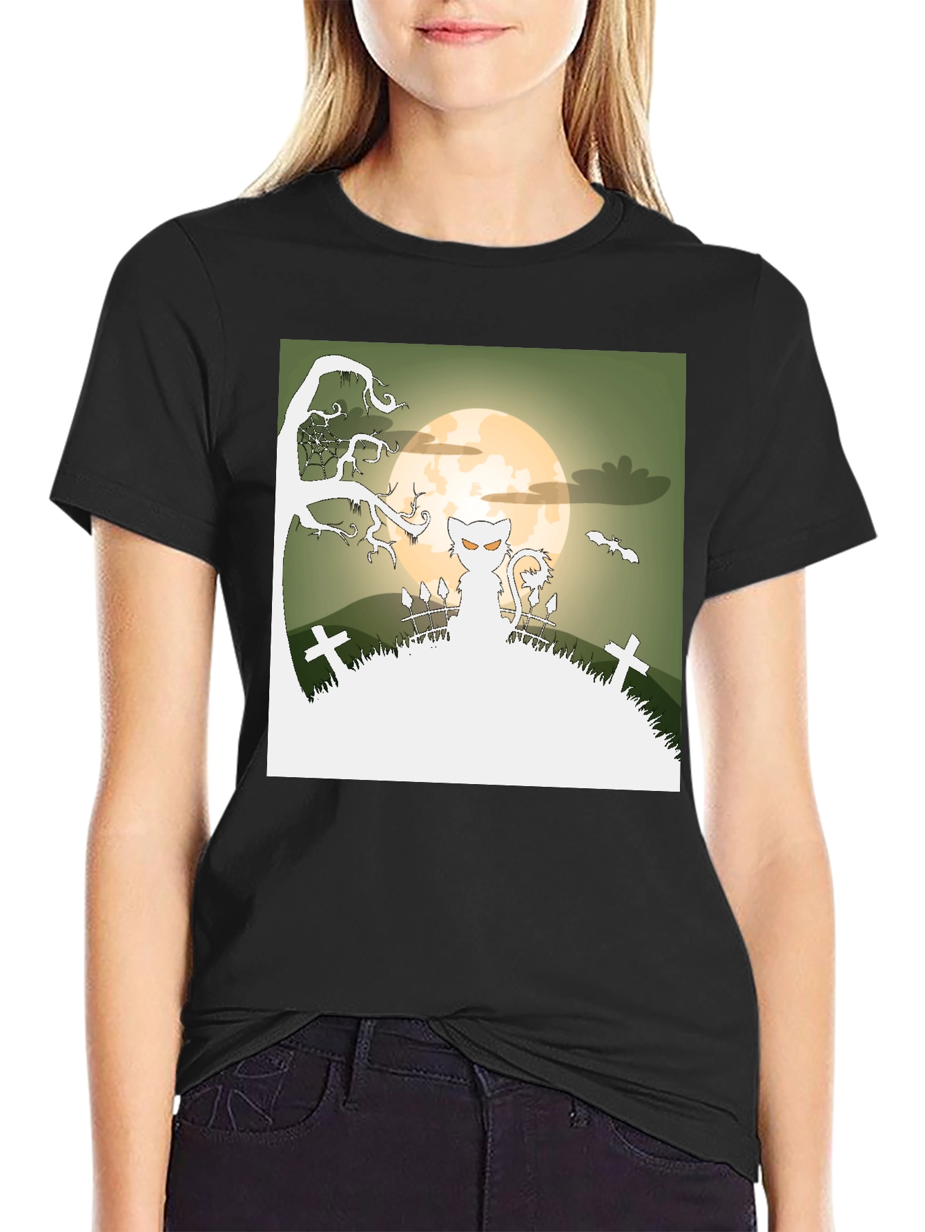 Spooky Halloween Cat T-Shirt - Black