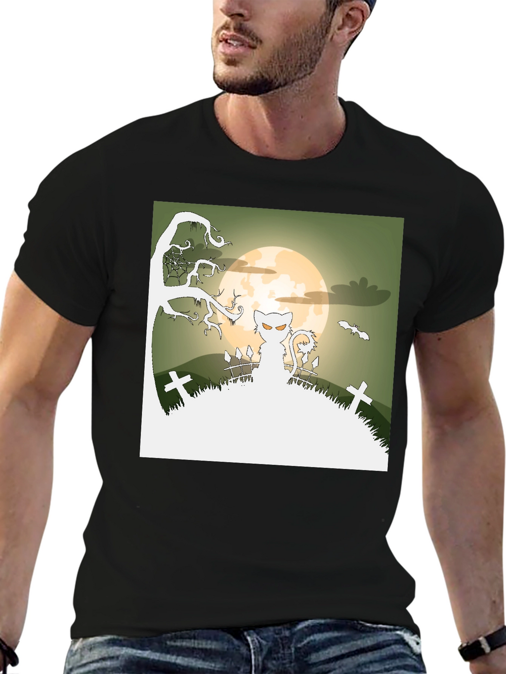 Spooky Halloween Cat T-Shirt - Black