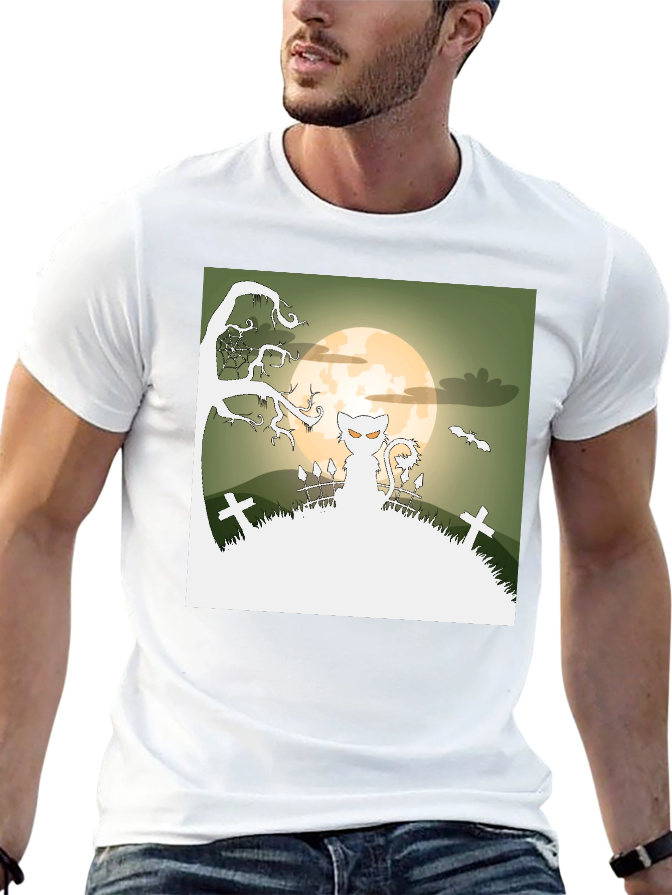 Spooky Halloween Cat T-Shirt - Black