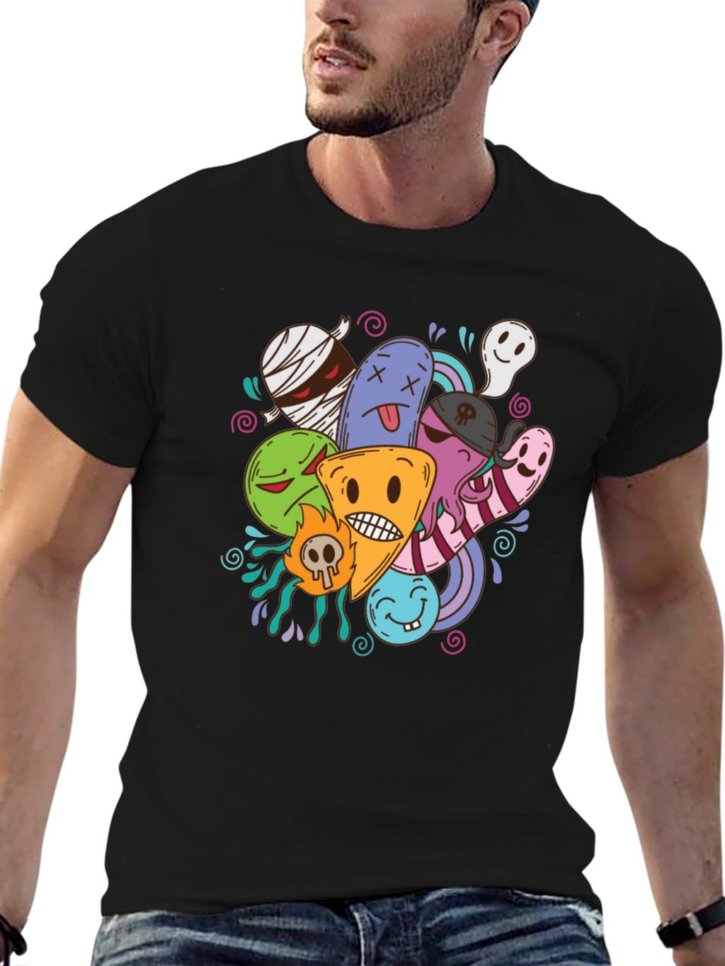 Funky Cartoon Doodle Black T-Shirt