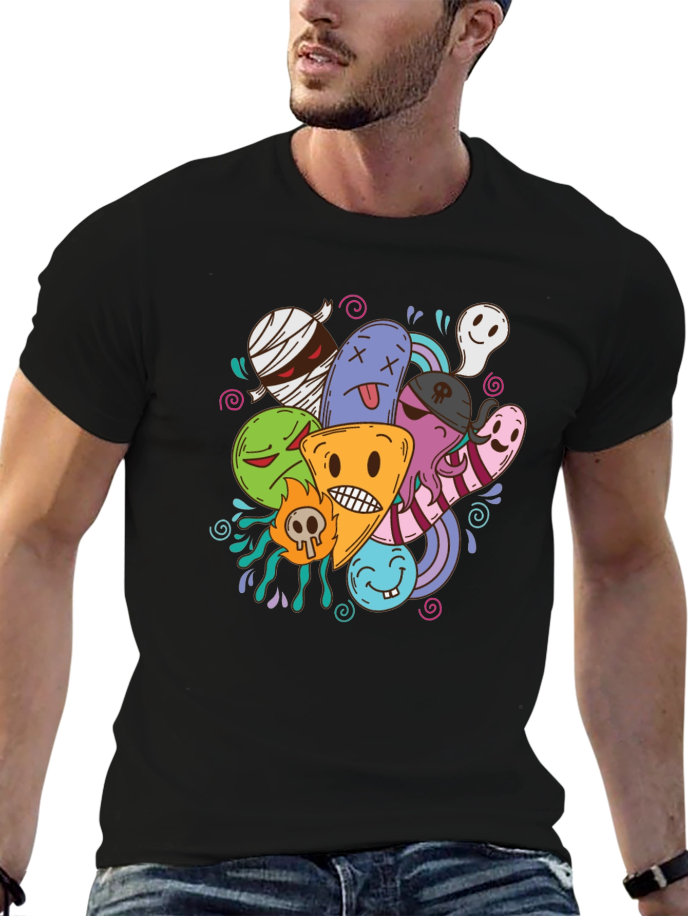 Funky Cartoon Doodle Black T-Shirt