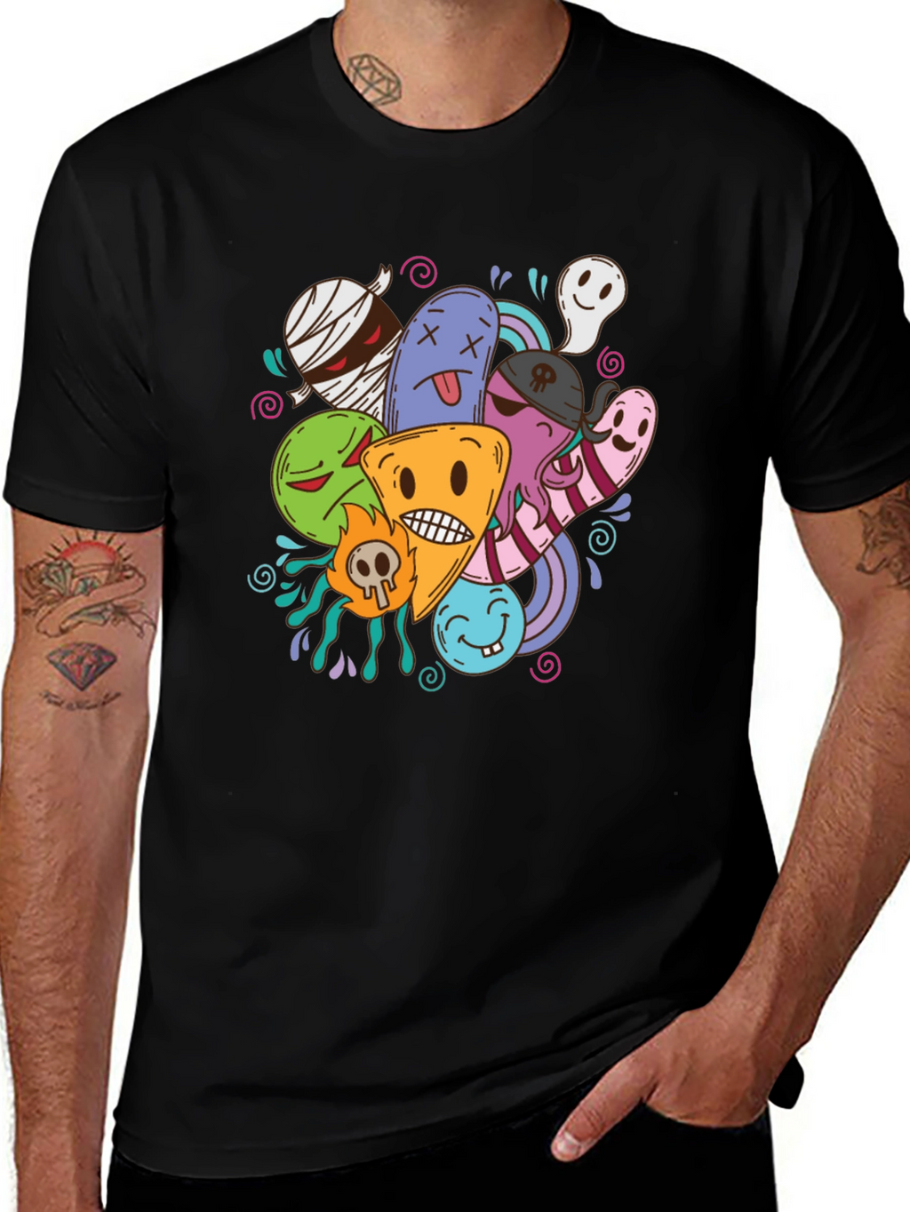 Funky Cartoon Doodle Black T-Shirt