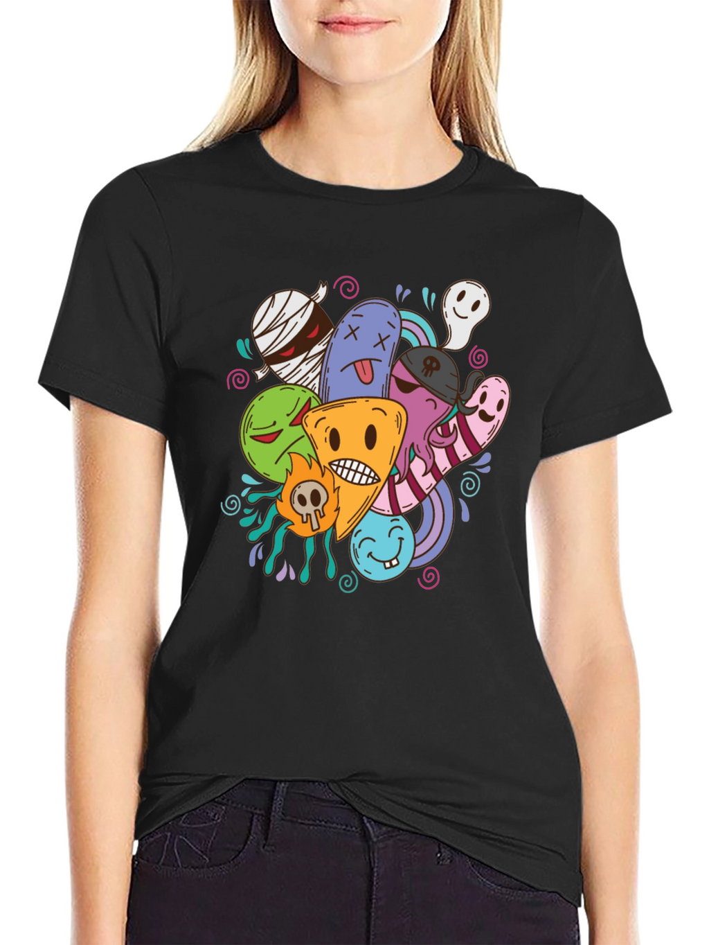 Funky Cartoon Doodle Black T-Shirt