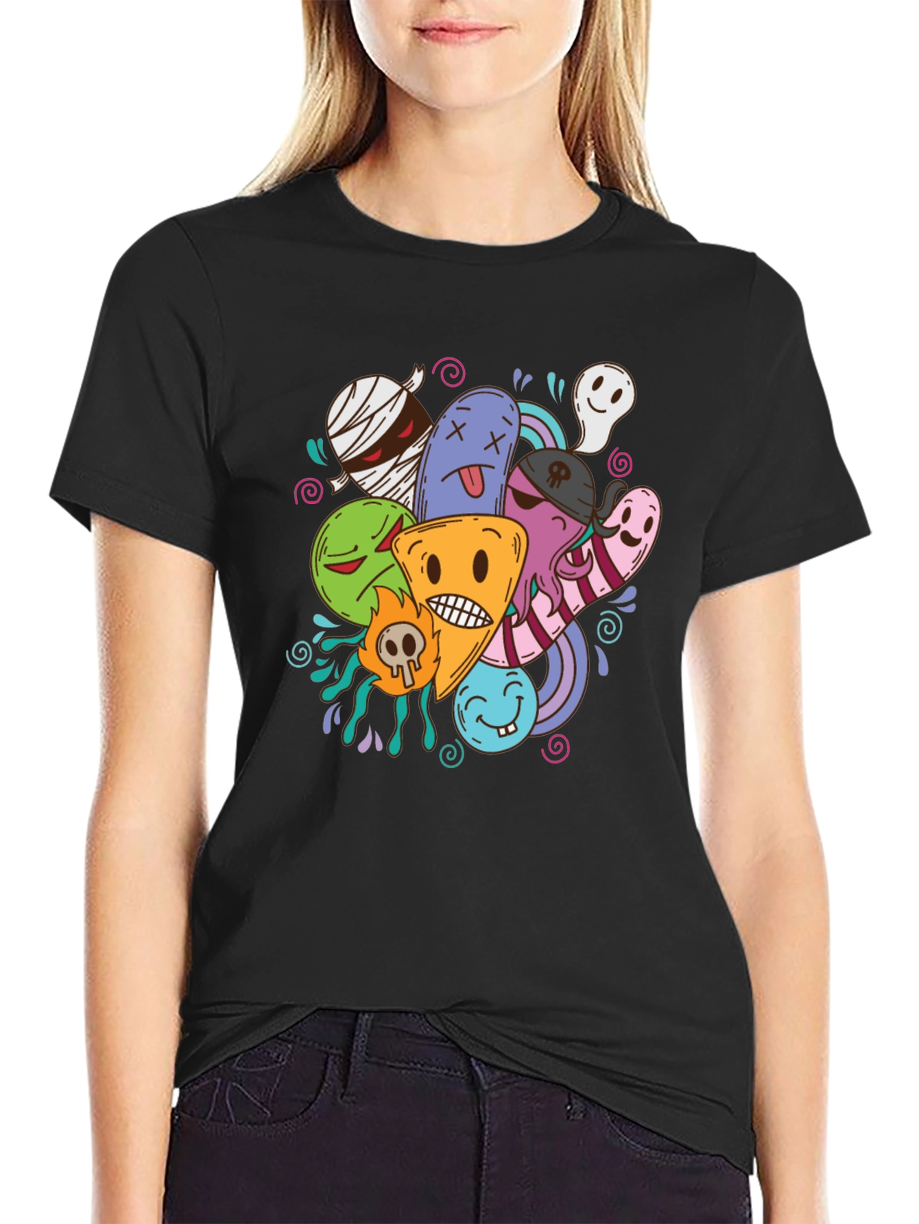Funky Cartoon Doodle Black T-Shirt