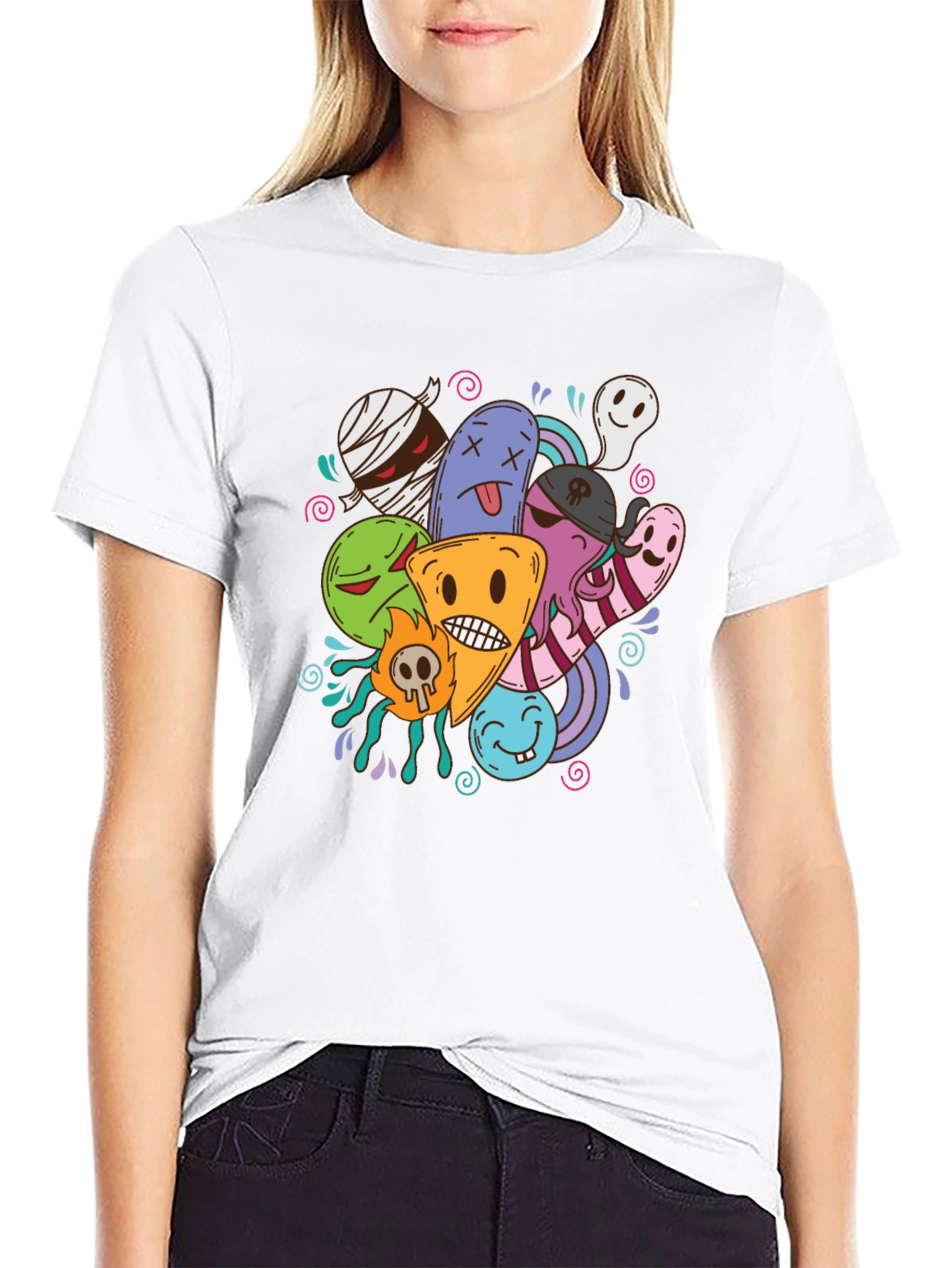Funky Cartoon Doodle Black T-Shirt