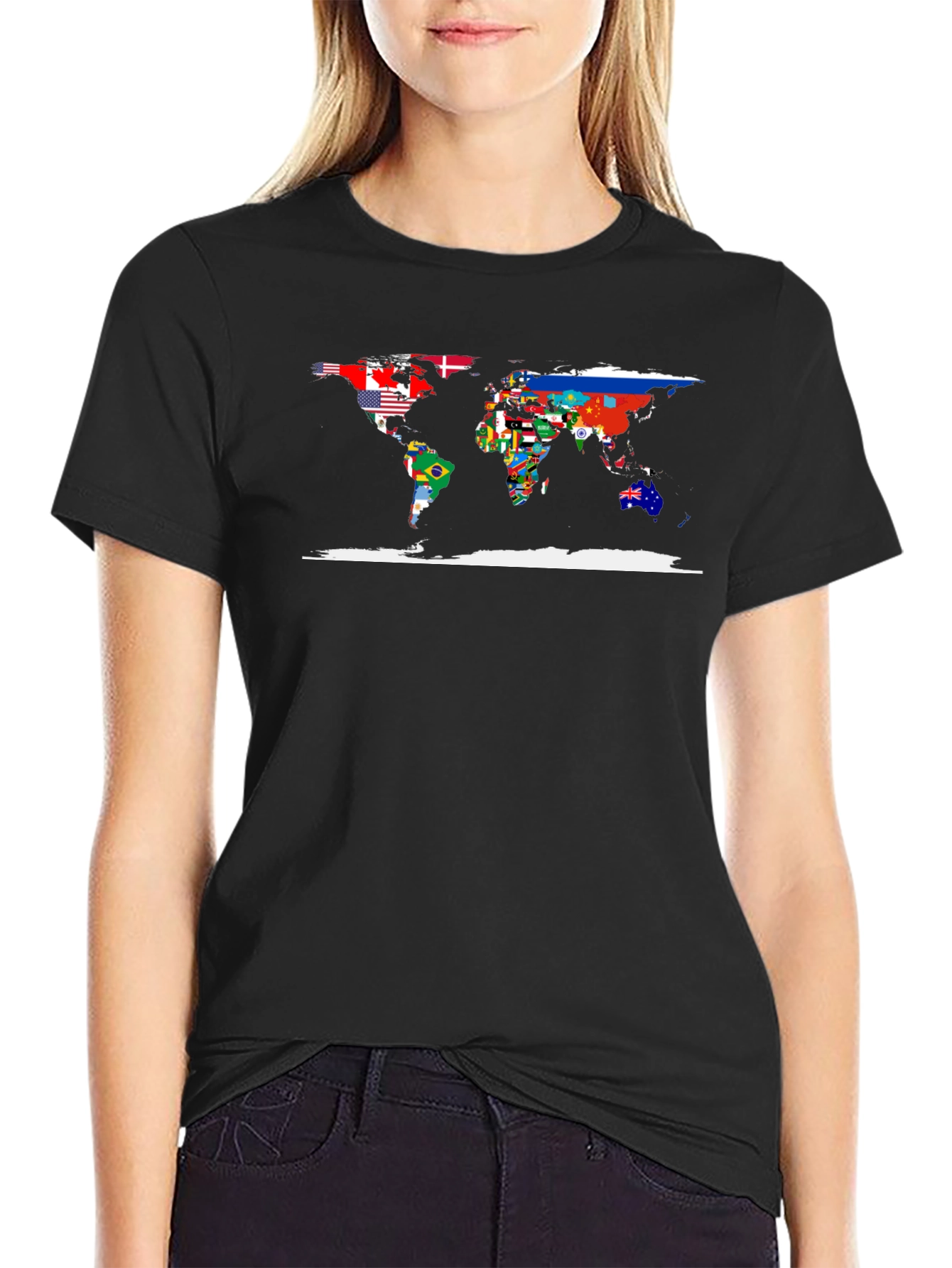 World Flags Map Black T-Shirt