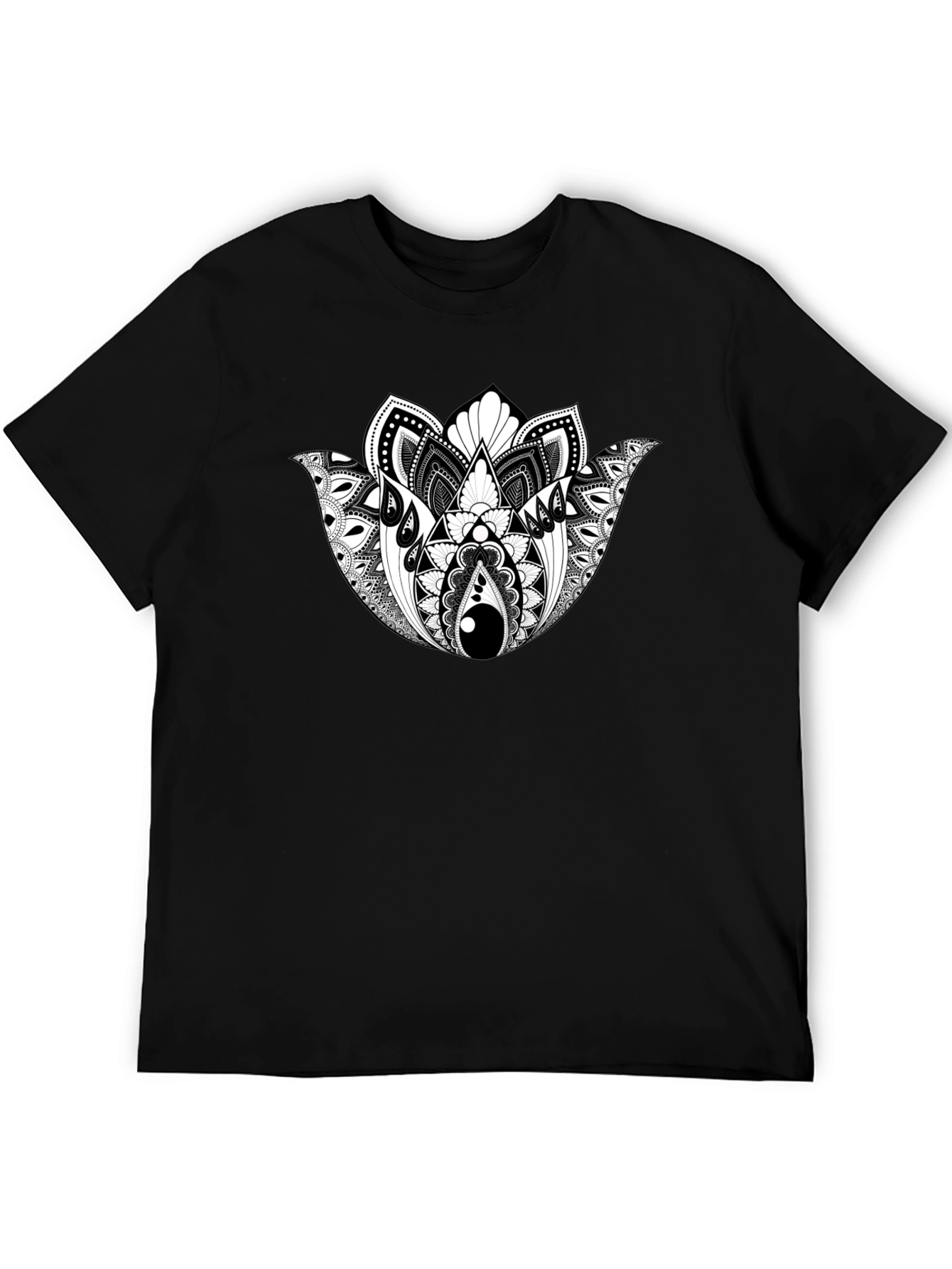 Black T-Shirt with Geometric Lotus Design