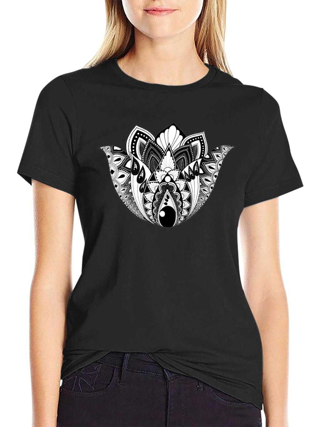 Black T-Shirt with Geometric Lotus Design