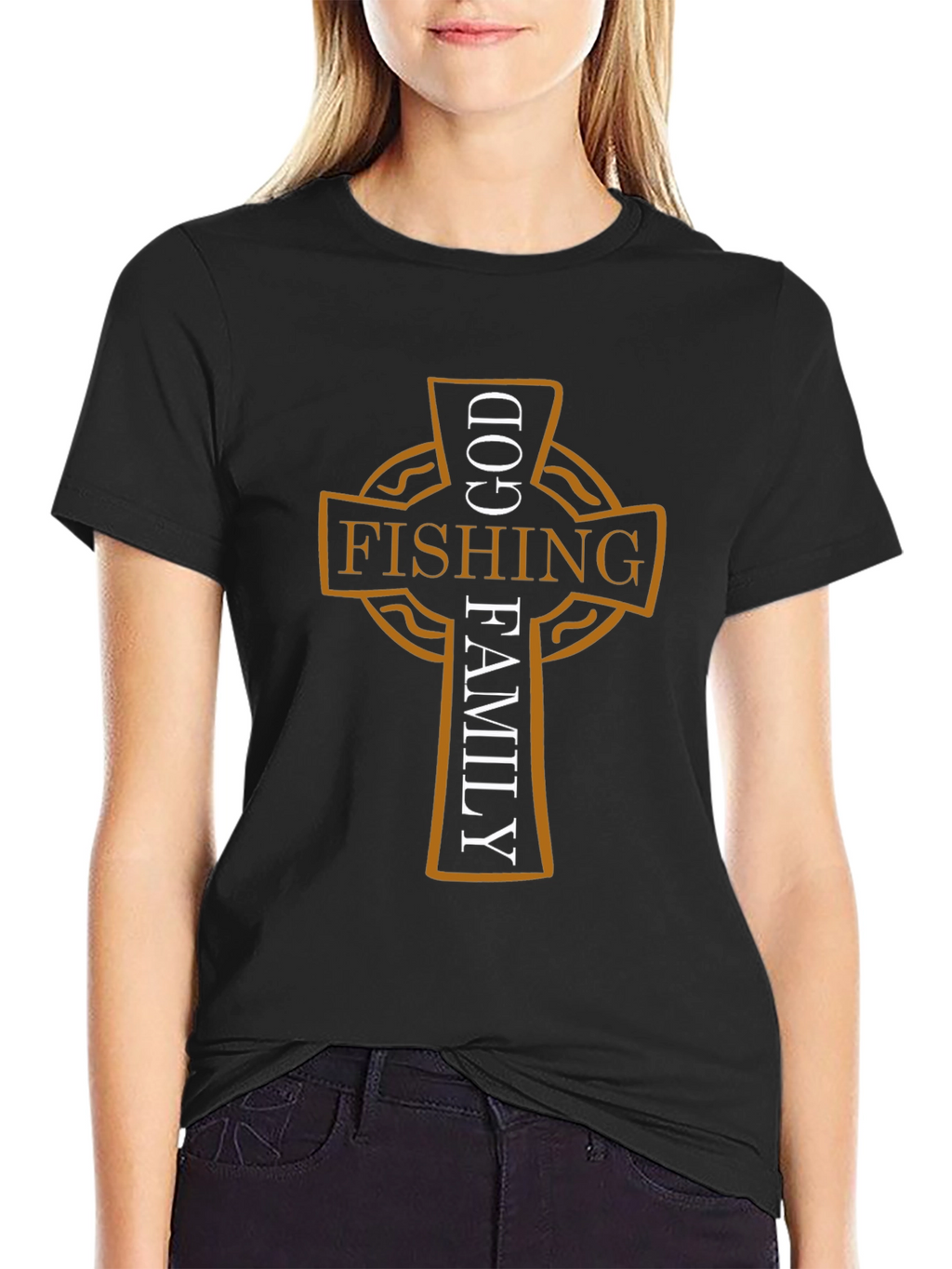 God Fishing Family Cross Graphic Black Tee