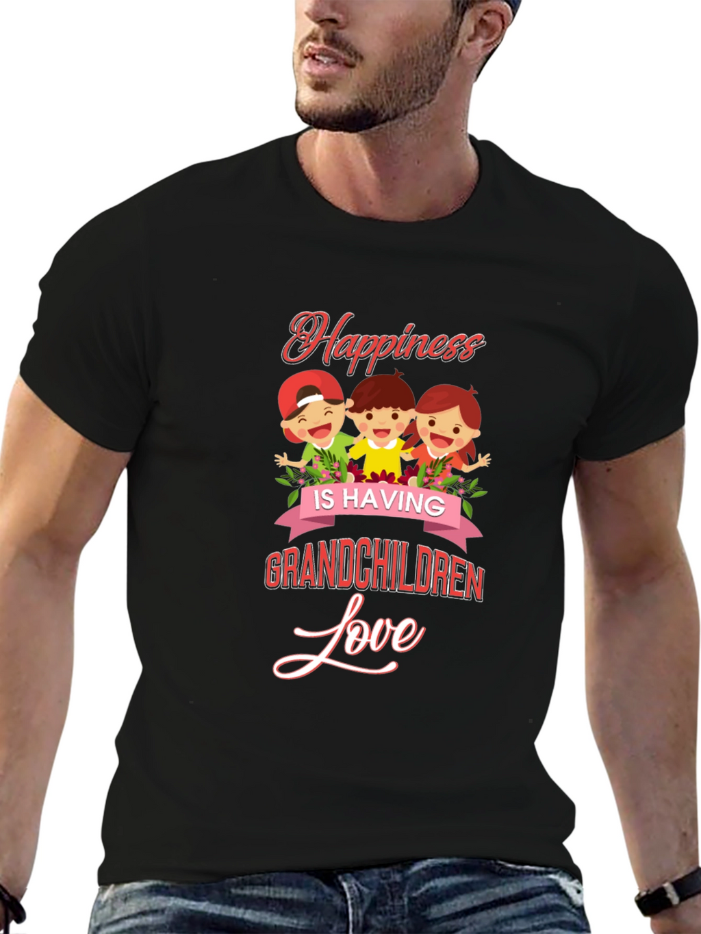 Happiness Grandchildren Love Black Graphic T-Shirt