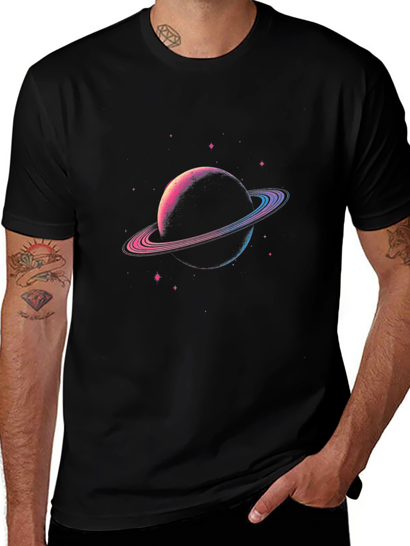 Planet Saturn Graphic T-Shirt - Black Cotton Blend