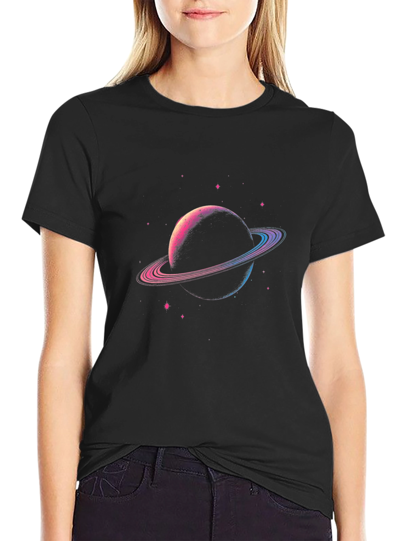 Planet Saturn Graphic T-Shirt - Black Cotton Blend