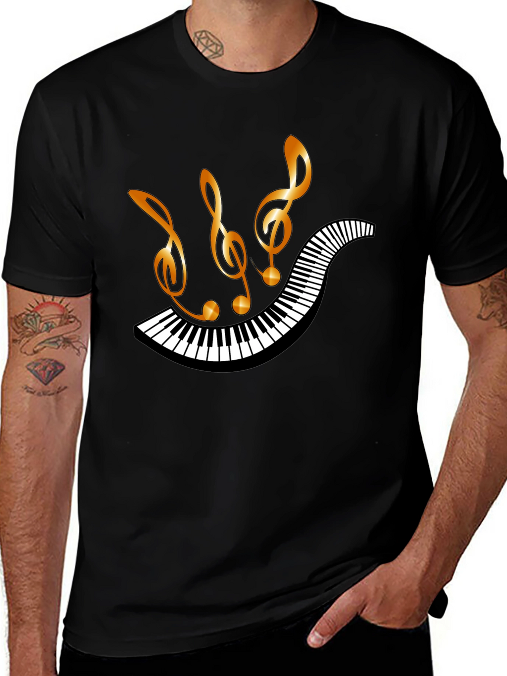 Musical Notes & Piano Keys Black T-Shirt