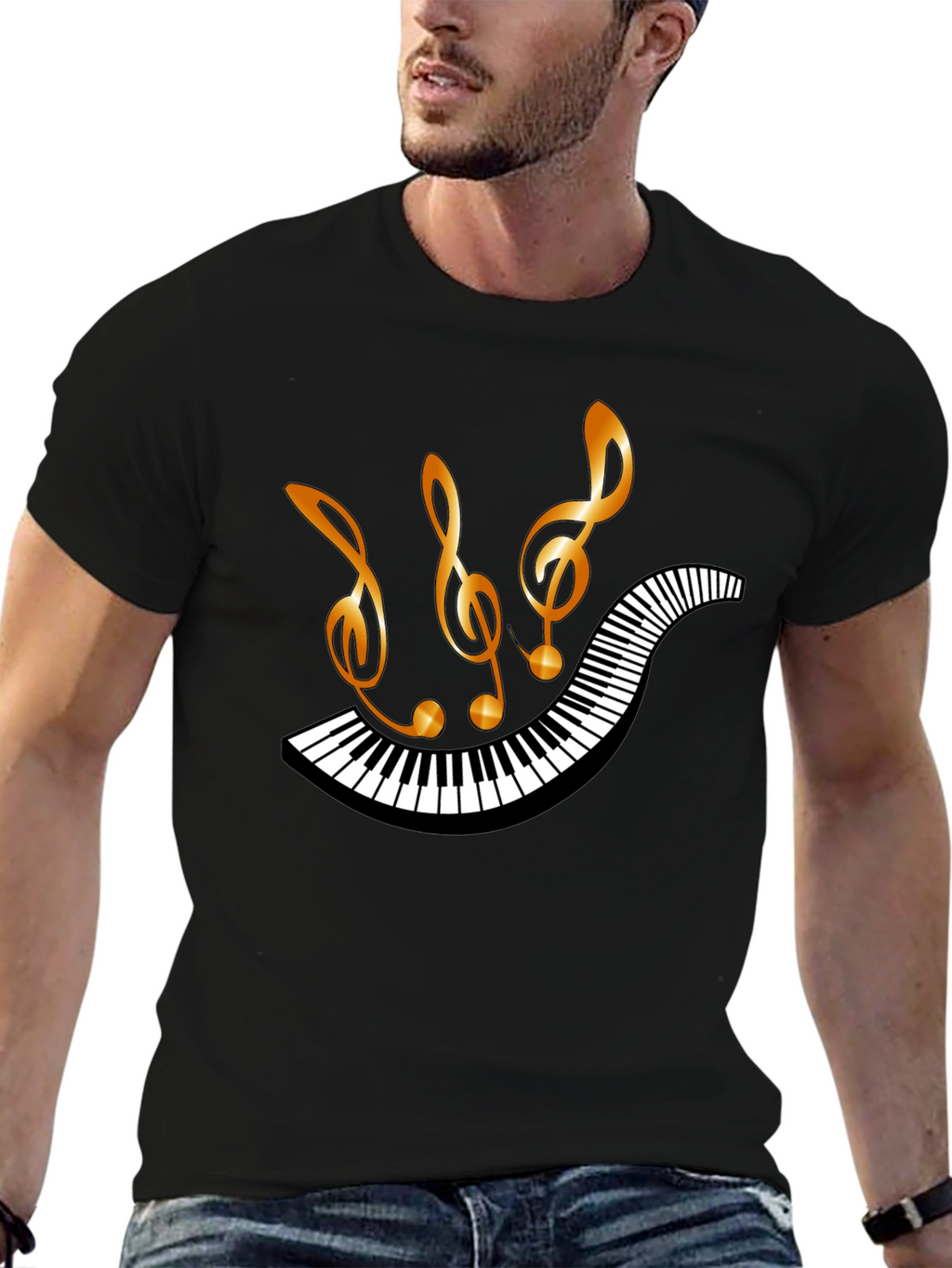 Musical Notes & Piano Keys Black T-Shirt