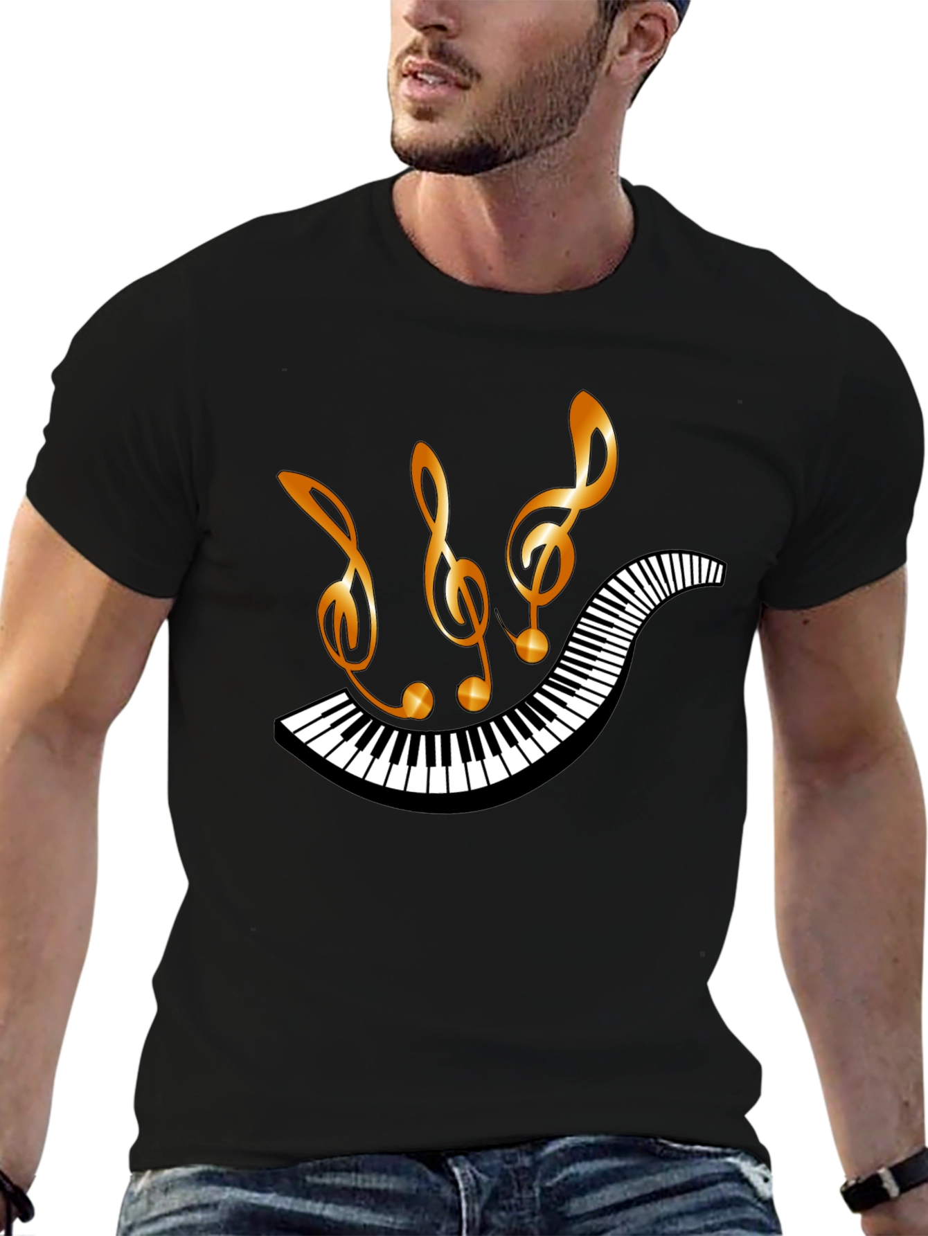 Musical Notes & Piano Keys Black T-Shirt