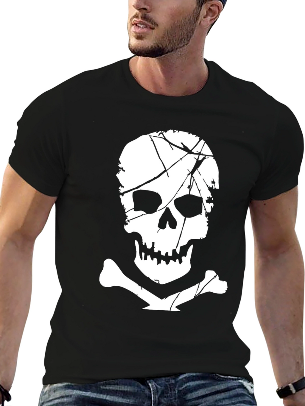Mens Black T-Shirt with Skull and Crossbones Graphic