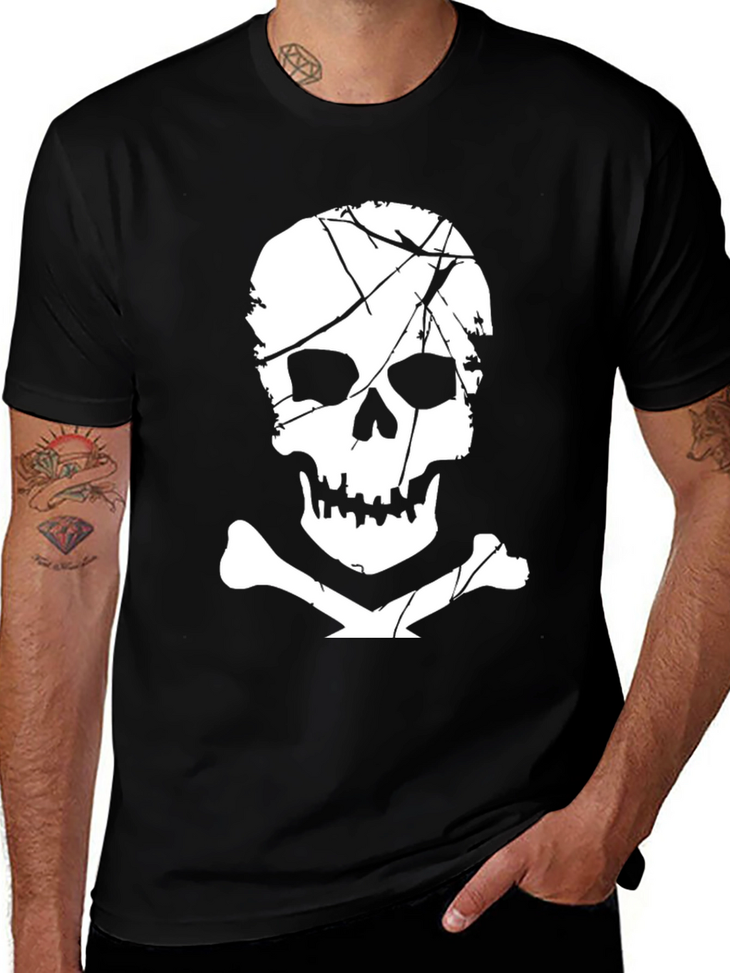 Mens Black T-Shirt with Skull and Crossbones Graphic