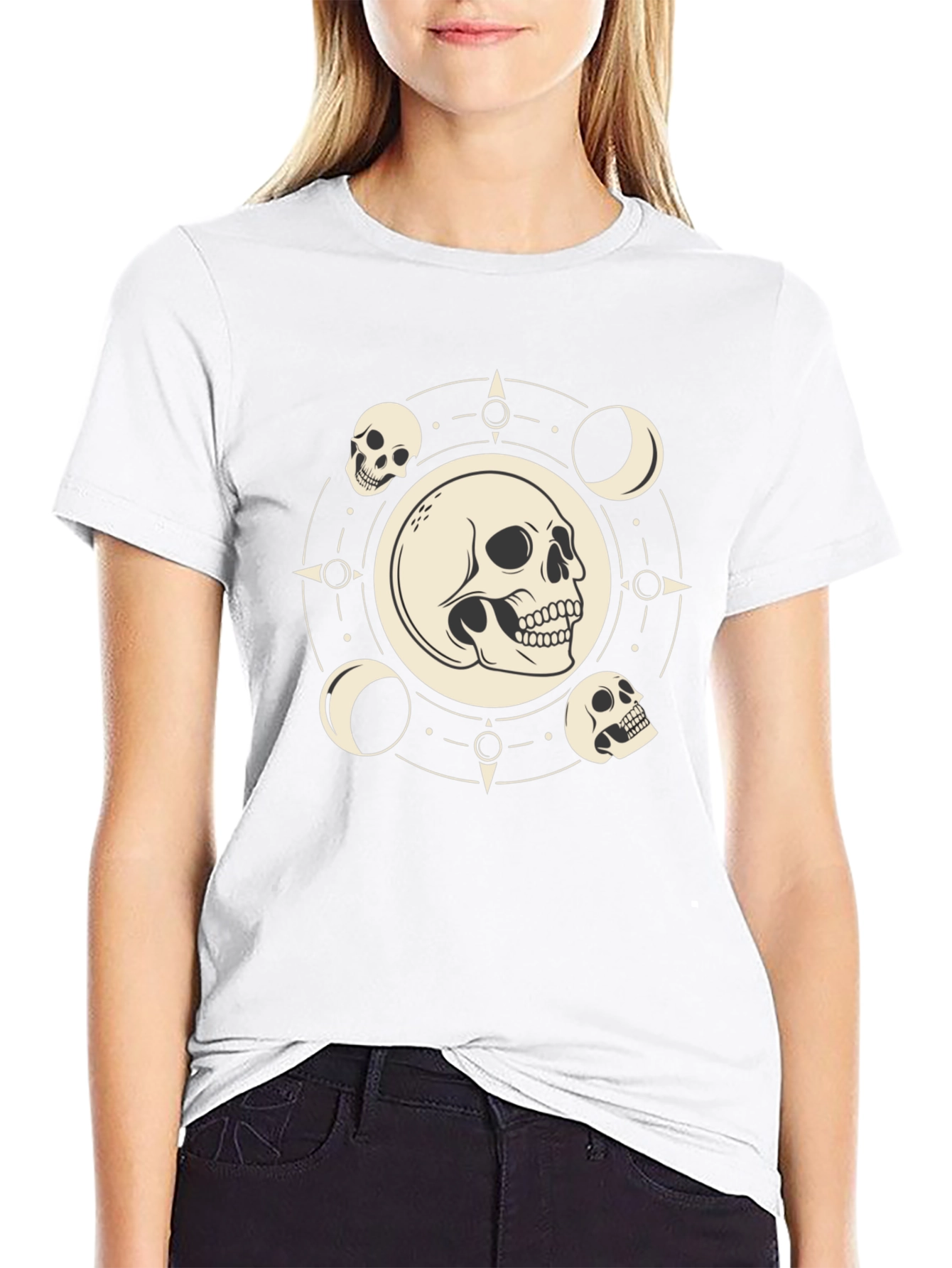 Skull & Moon Phase Graphic Tee - Black Cotton