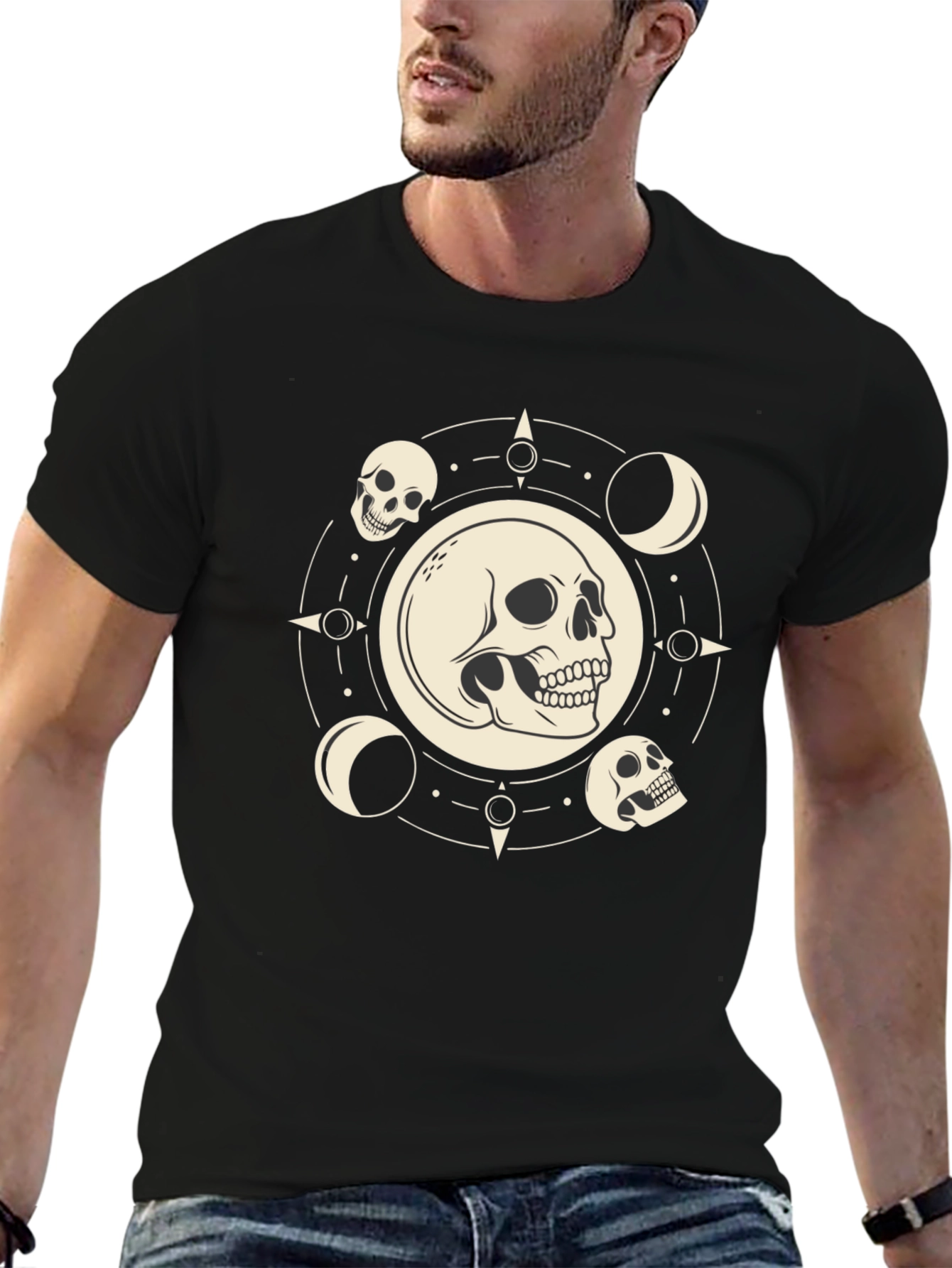 Skull & Moon Phase Graphic Tee - Black Cotton