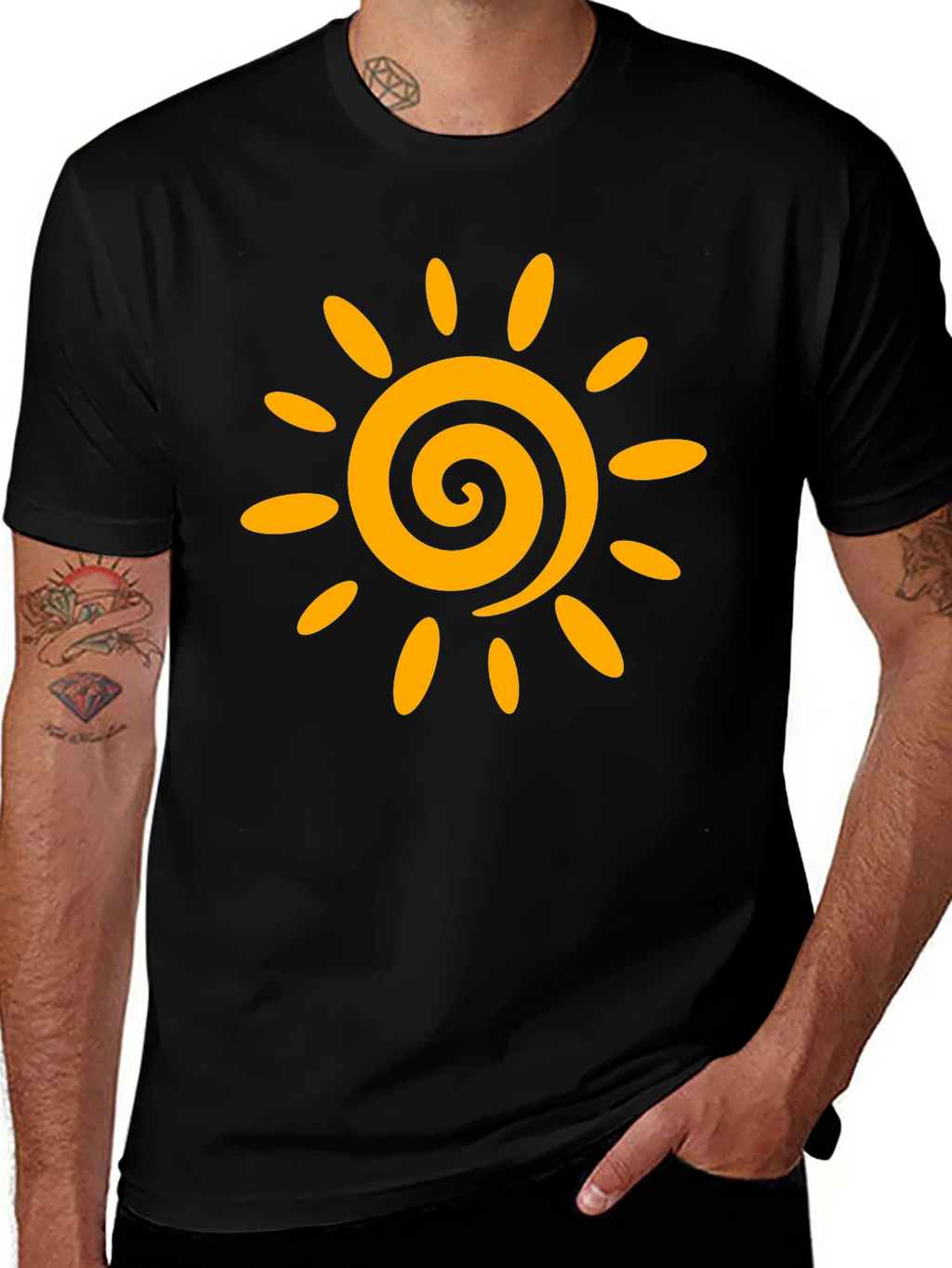 Black T-Shirt with Golden Sun Graphic