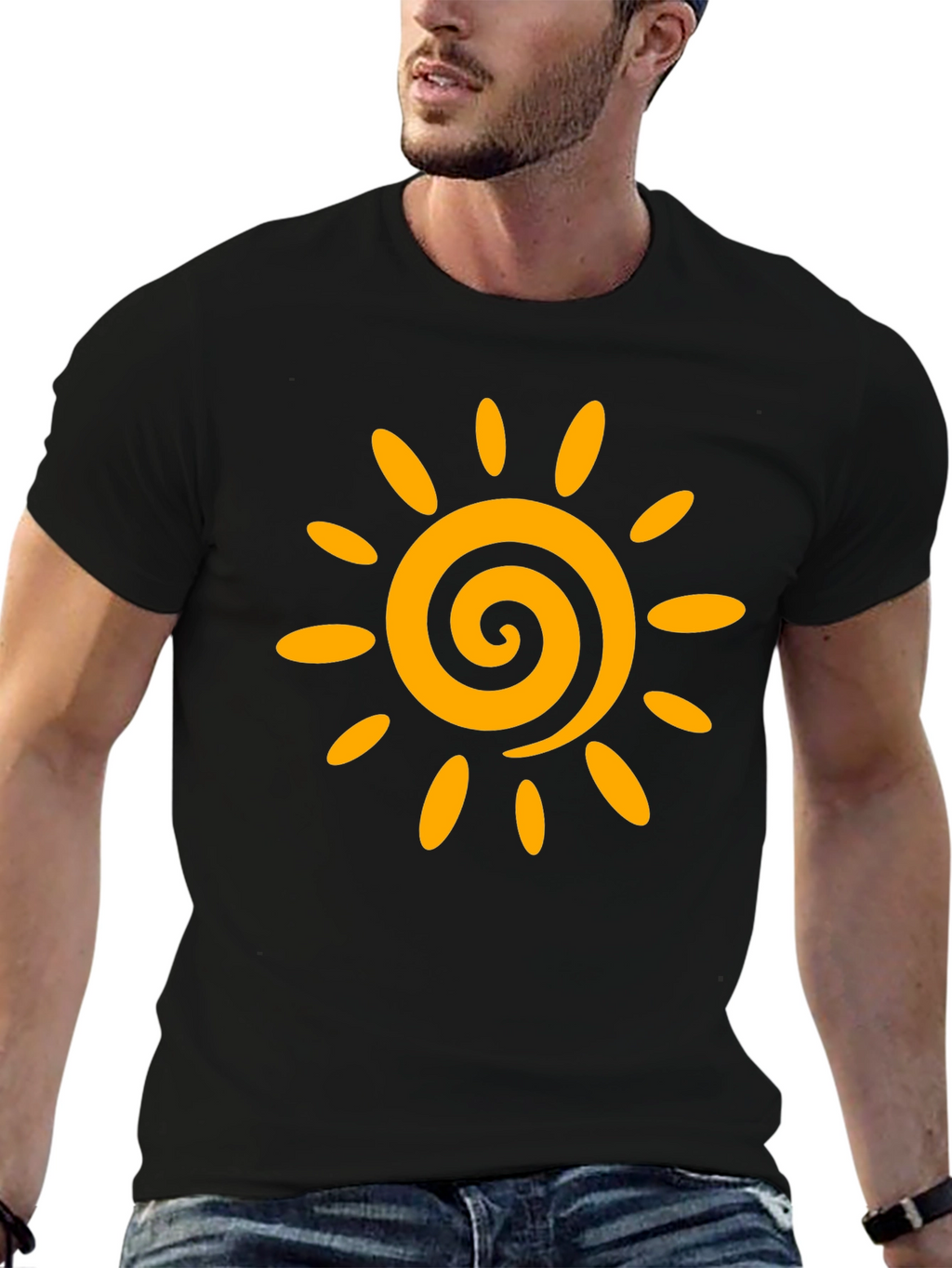 Black T-Shirt with Golden Sun Graphic