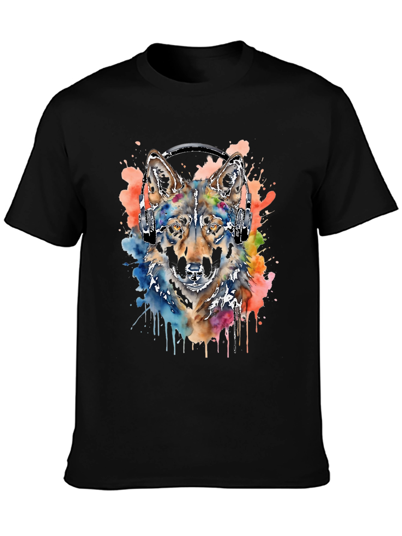 Wolf Headphone T-Shirt: Watercolor Style
