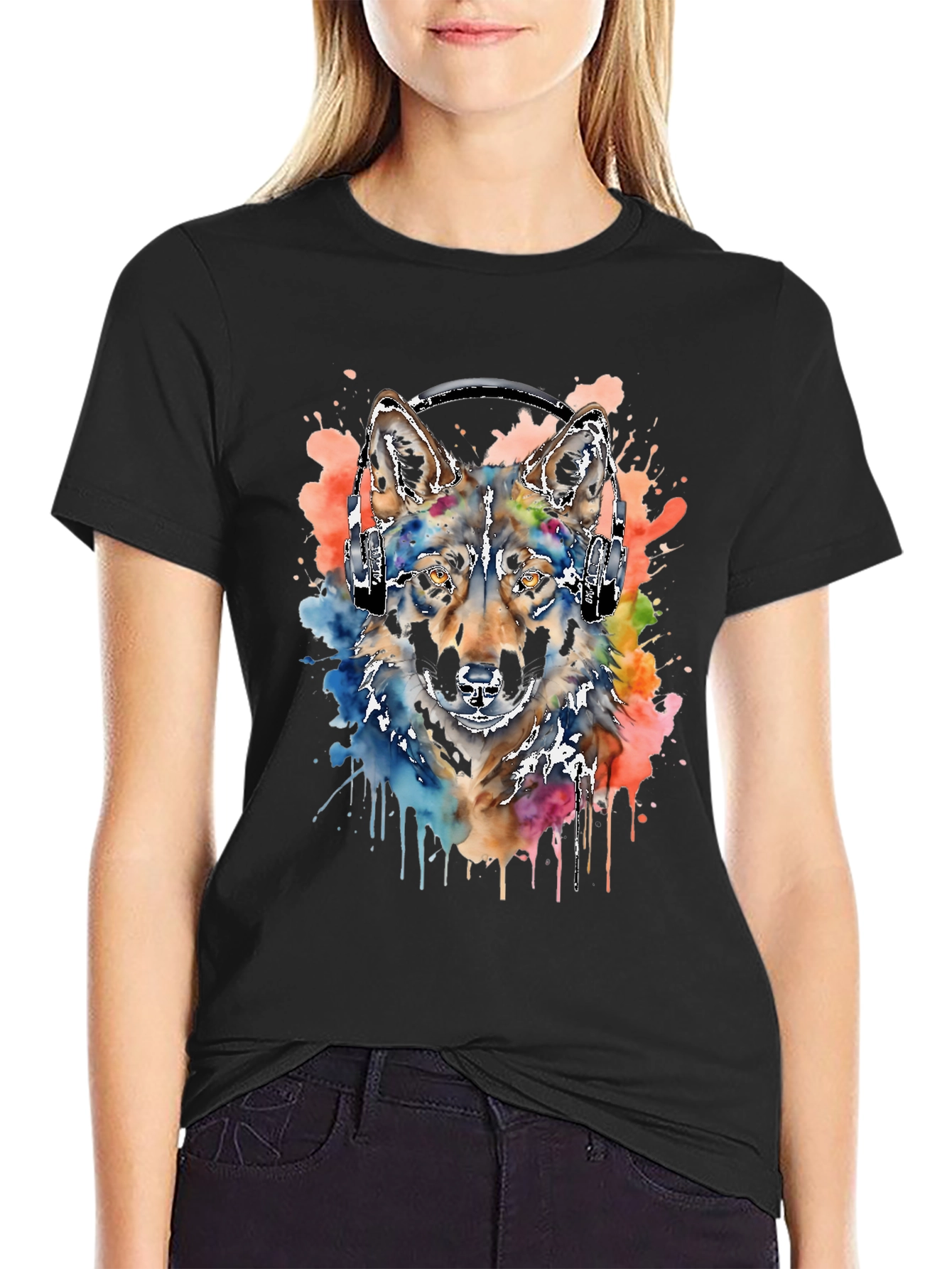 Wolf Headphone T-Shirt: Watercolor Style