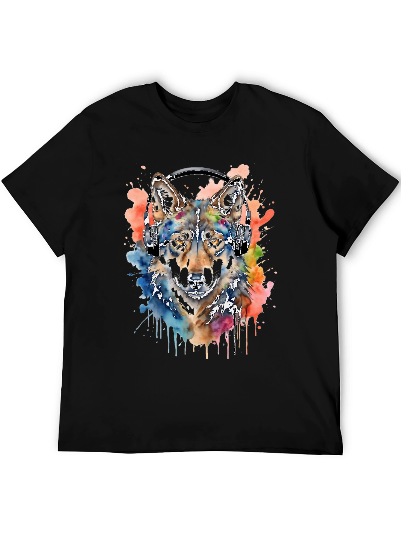 Wolf Headphone T-Shirt: Watercolor Style