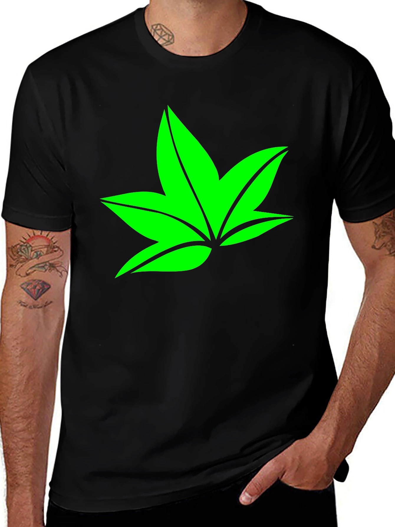 Green Leaf Graphic Black T-Shirt