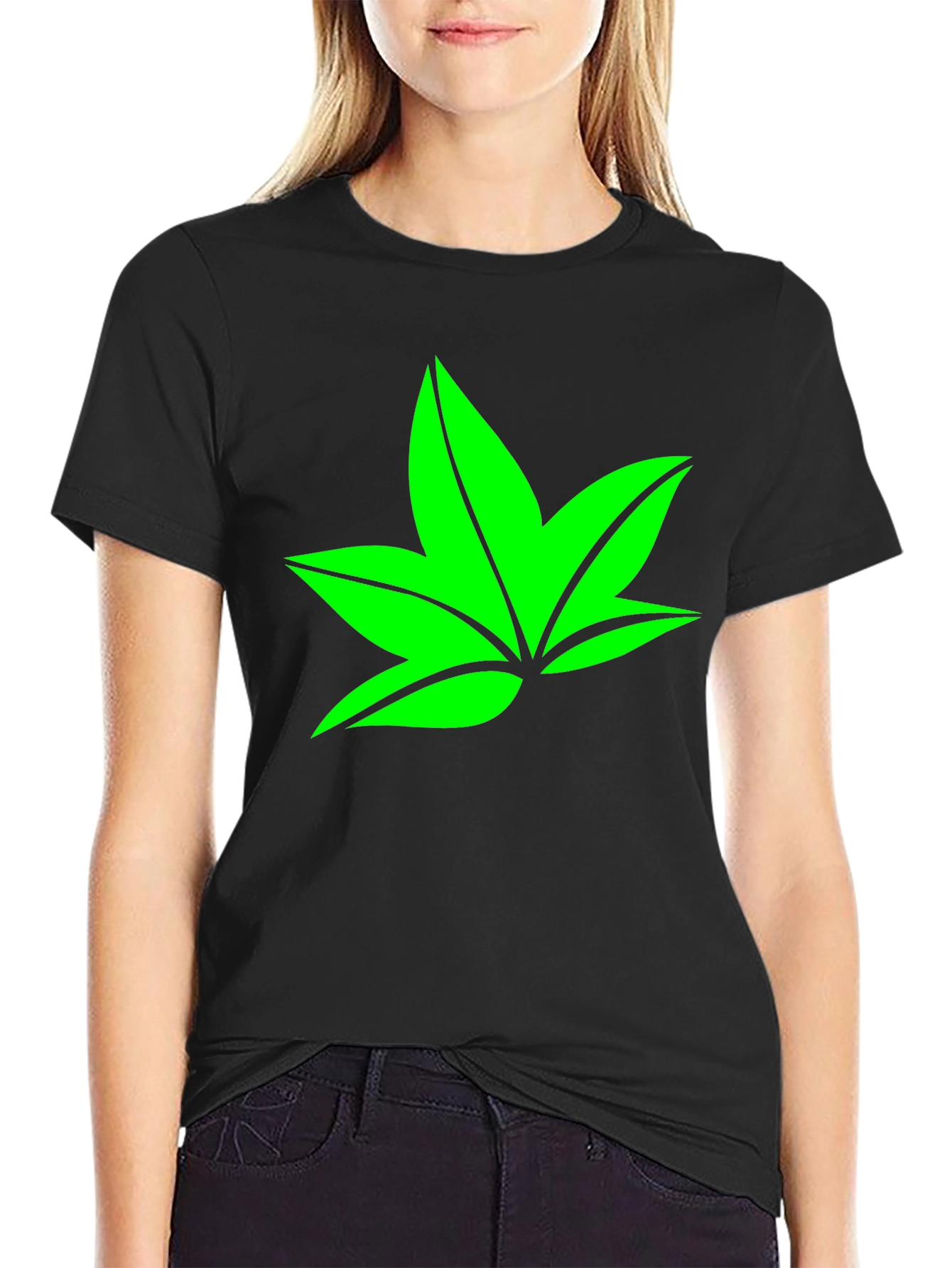 Green Leaf Graphic Black T-Shirt