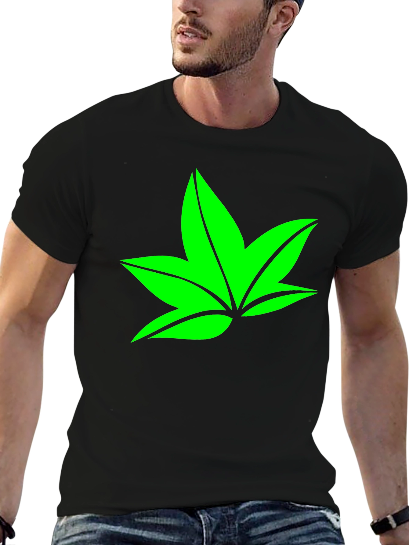 Green Leaf Graphic Black T-Shirt