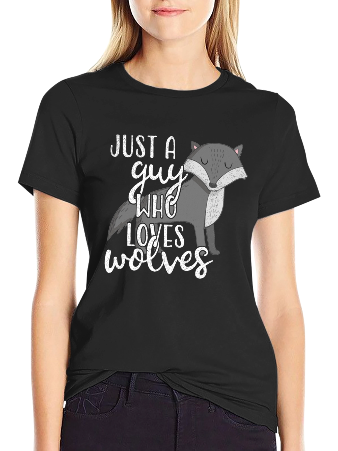 Wolf Lover Tee - Just a Guy Who Loves Wolves Black Graphic T-Shirt