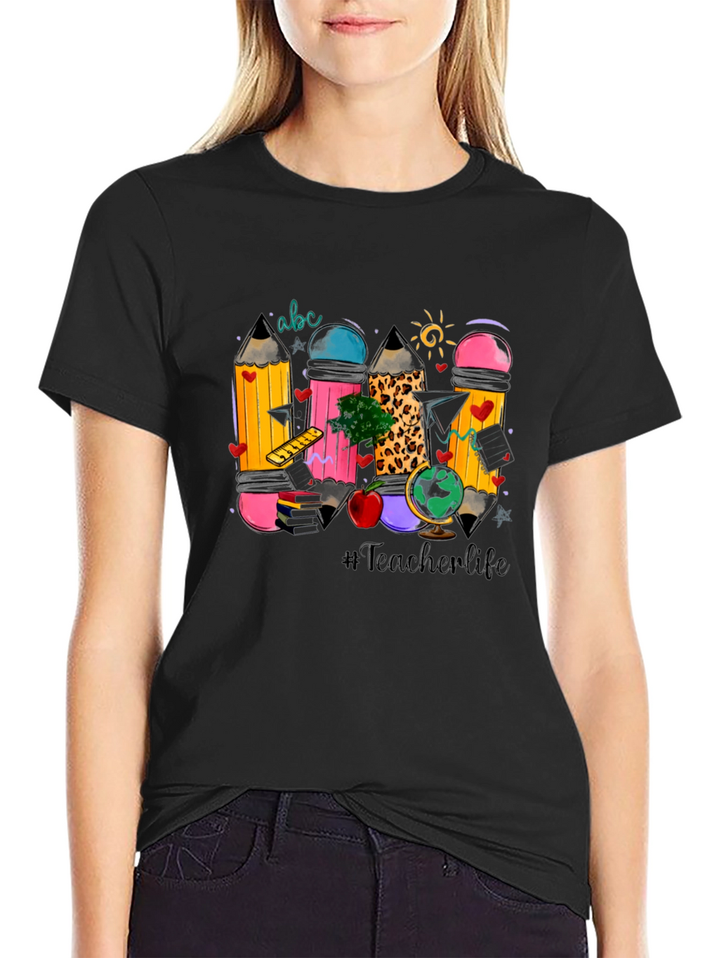 Teacher Life Pencil Design Black T-Shirt