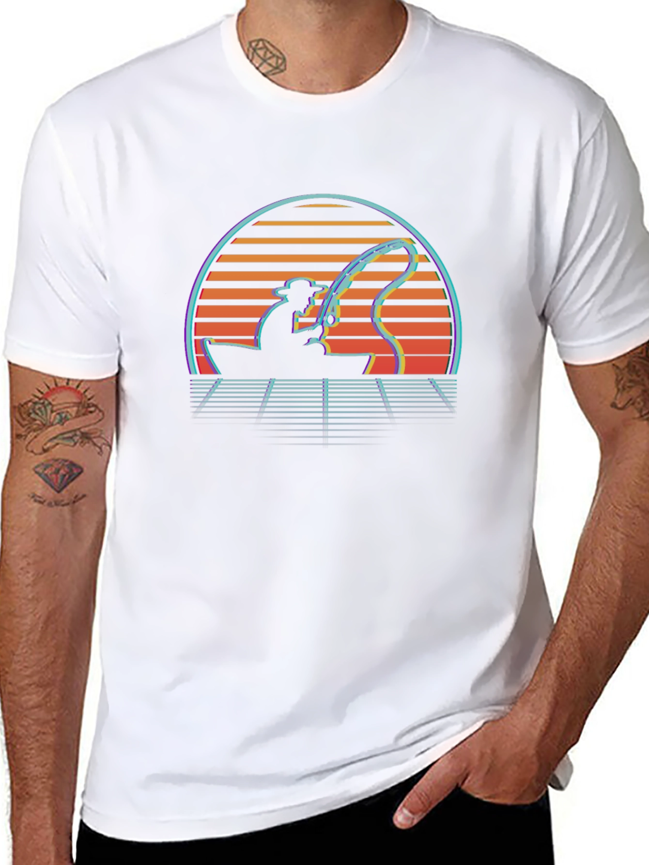 Retro Fishing T-Shirt - Sunset Fisherman Tee
