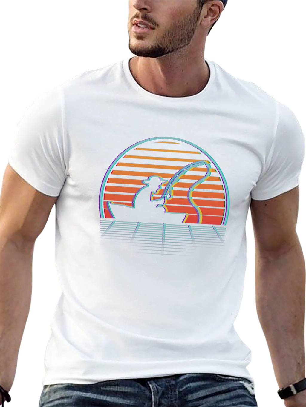Retro Fishing T-Shirt - Sunset Fisherman Tee