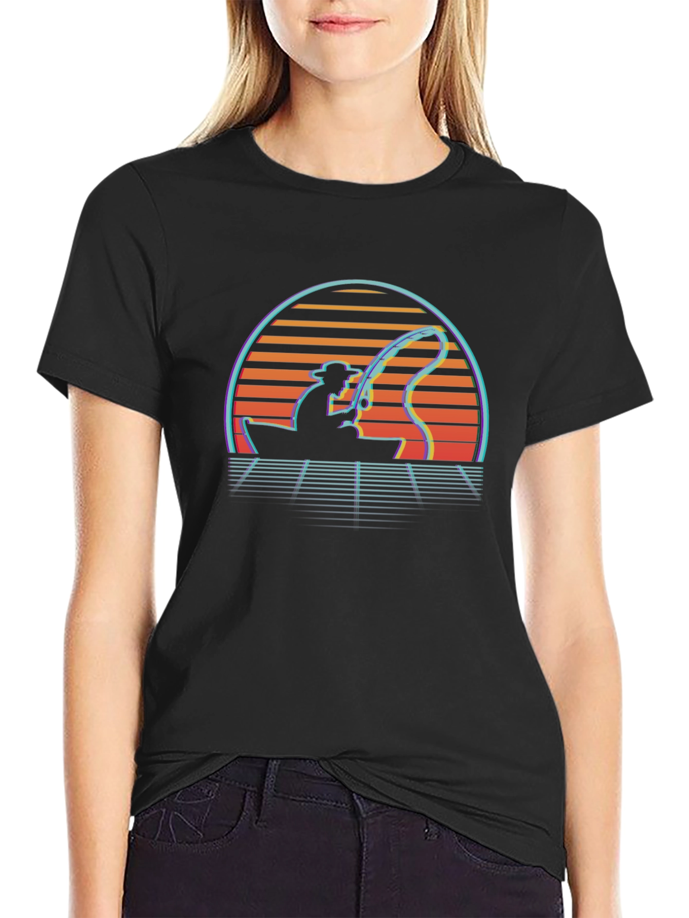 Retro Fishing T-Shirt - Sunset Fisherman Tee