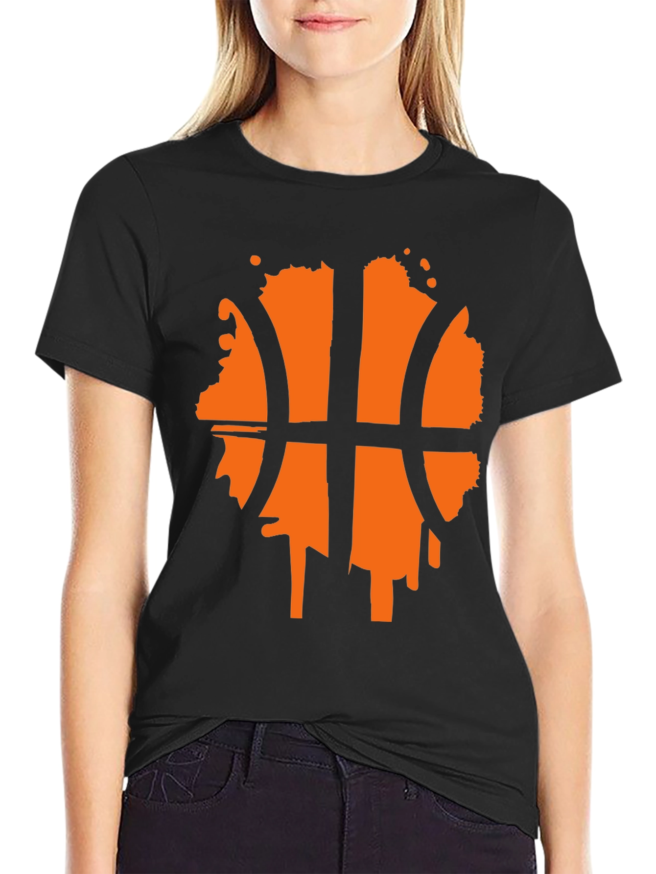 Mens Black T-Shirt with Orange Basketball Graphic