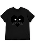 Heart Cat Graphic Tee - Black Casual T-Shirt