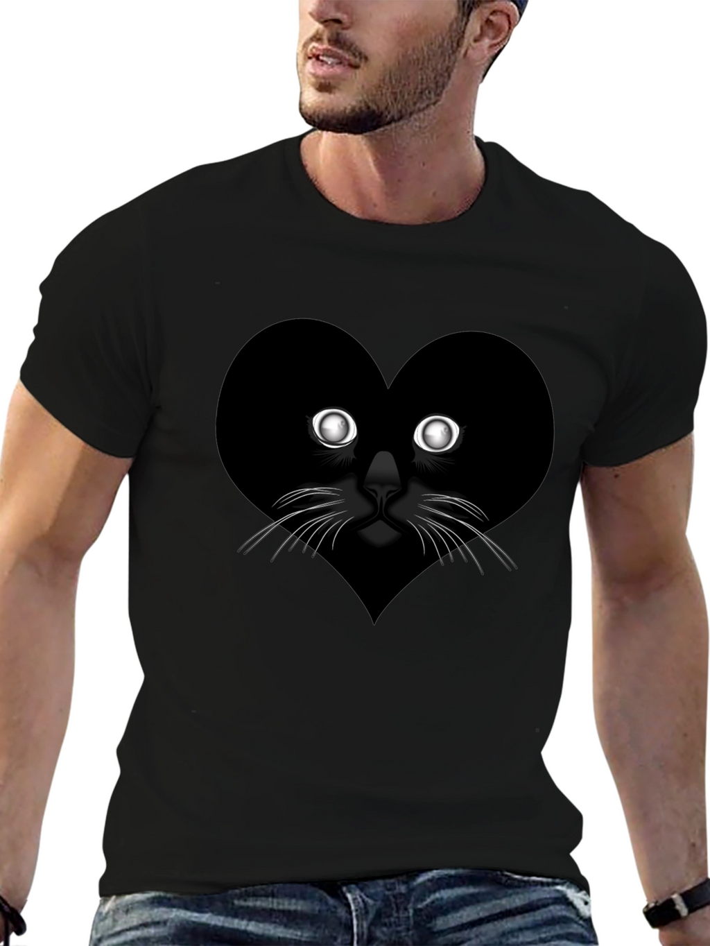 Heart Cat Graphic Tee - Black Casual T-Shirt