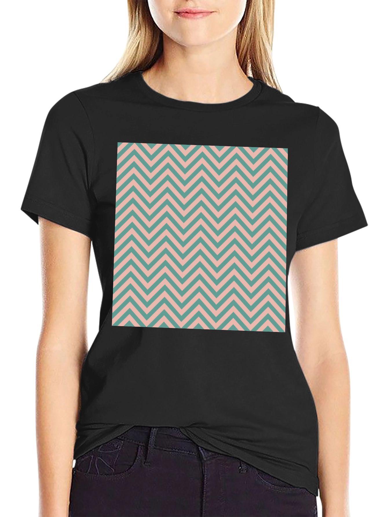 Chevron Pattern Black Cotton T-Shirt
