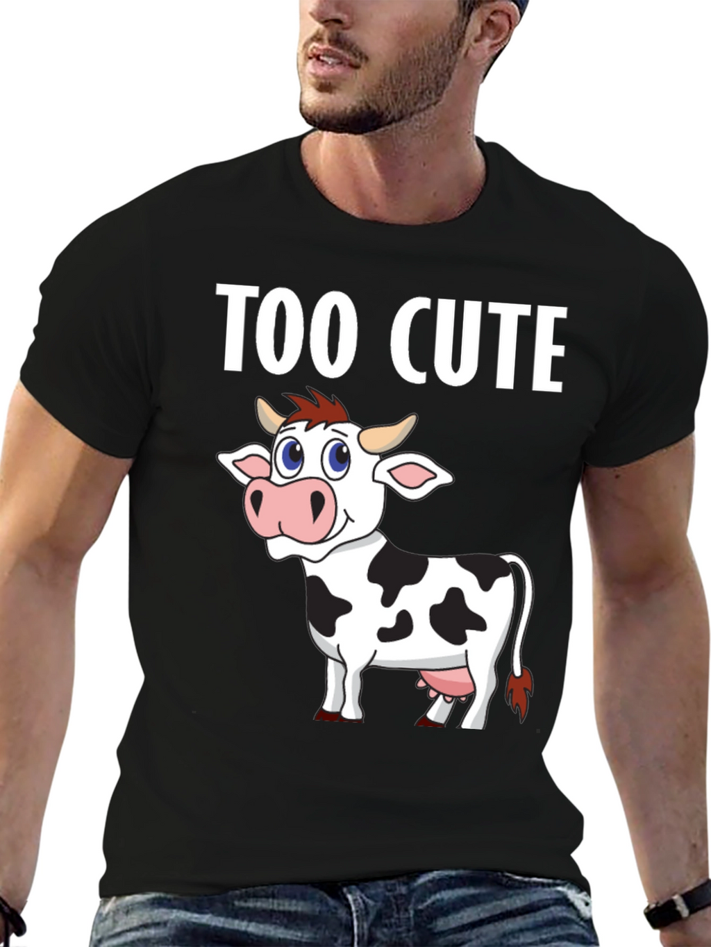 Too Cute Cow Graphic Tee - Black Cotton T-Shirt