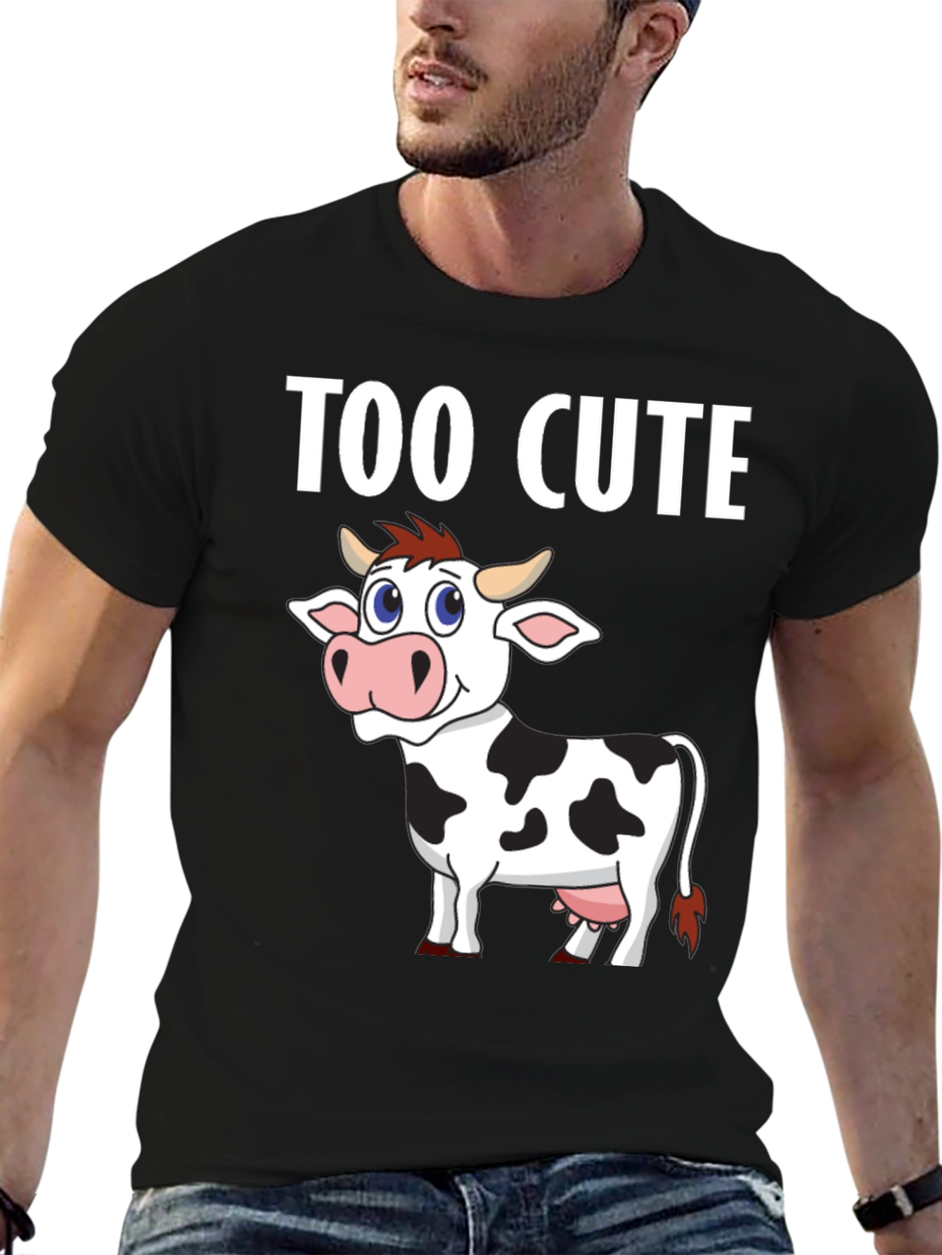 Too Cute Cow Graphic Tee - Black Cotton T-Shirt