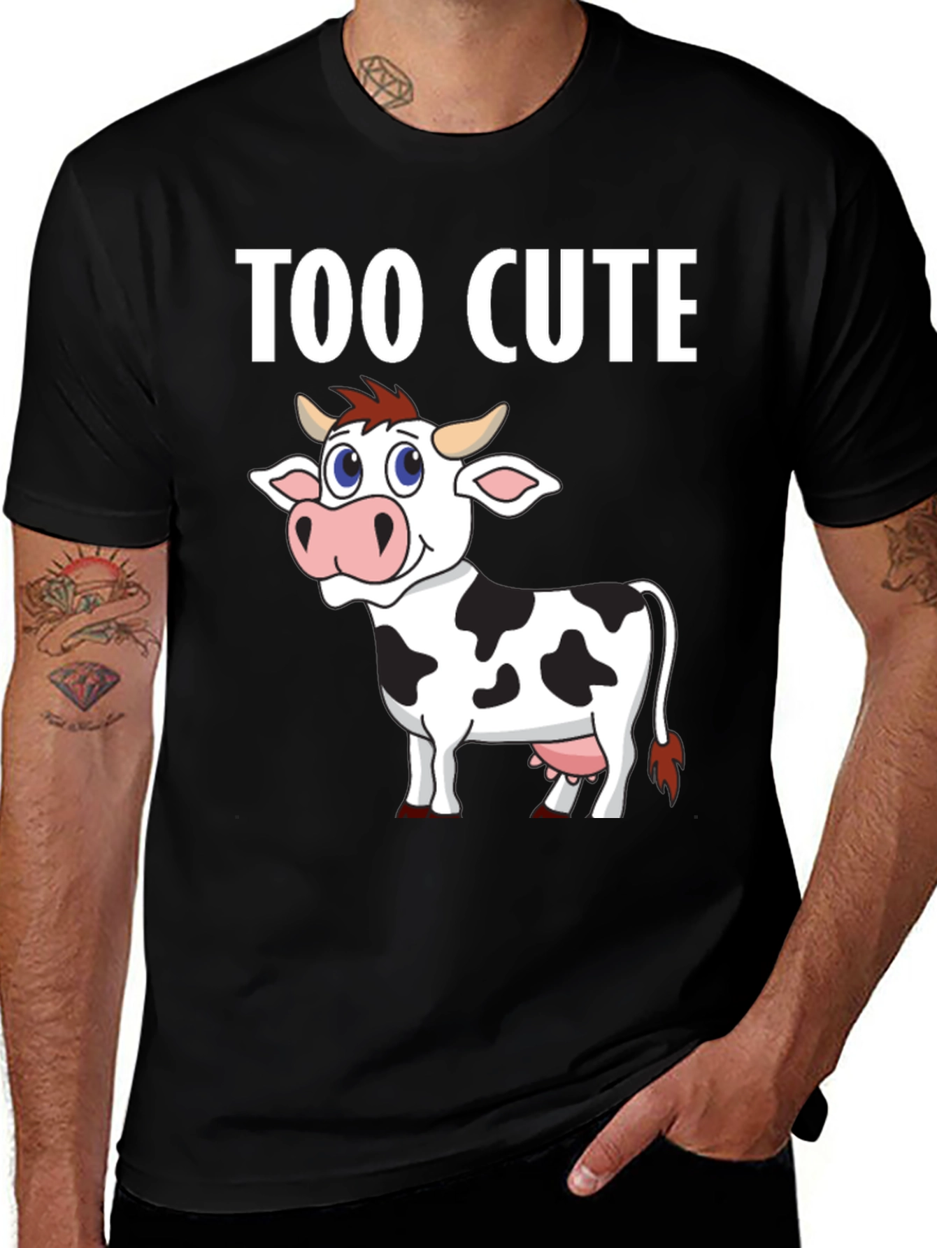 Too Cute Cow Graphic Tee - Black Cotton T-Shirt