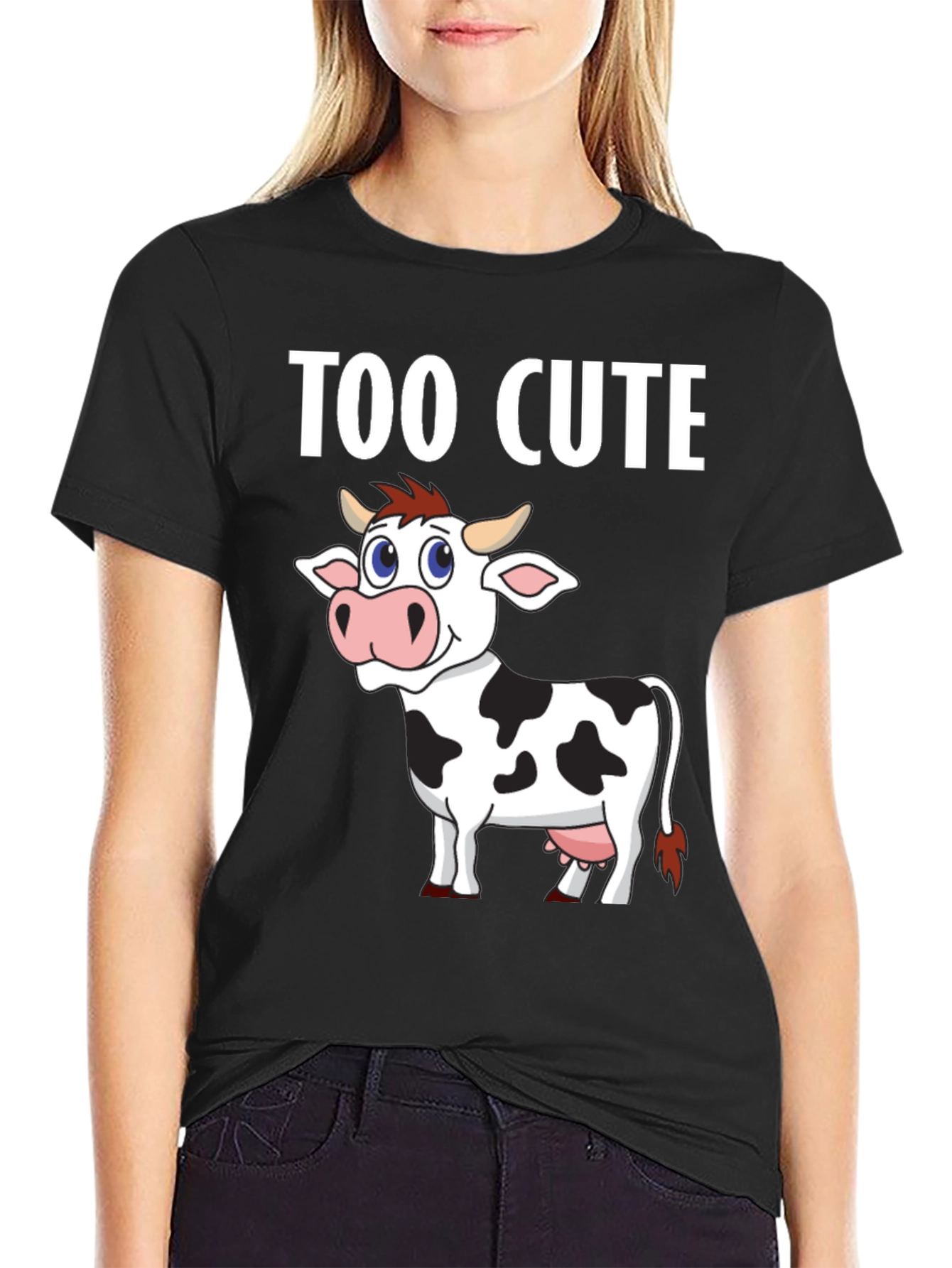 Too Cute Cow Graphic Tee - Black Cotton T-Shirt